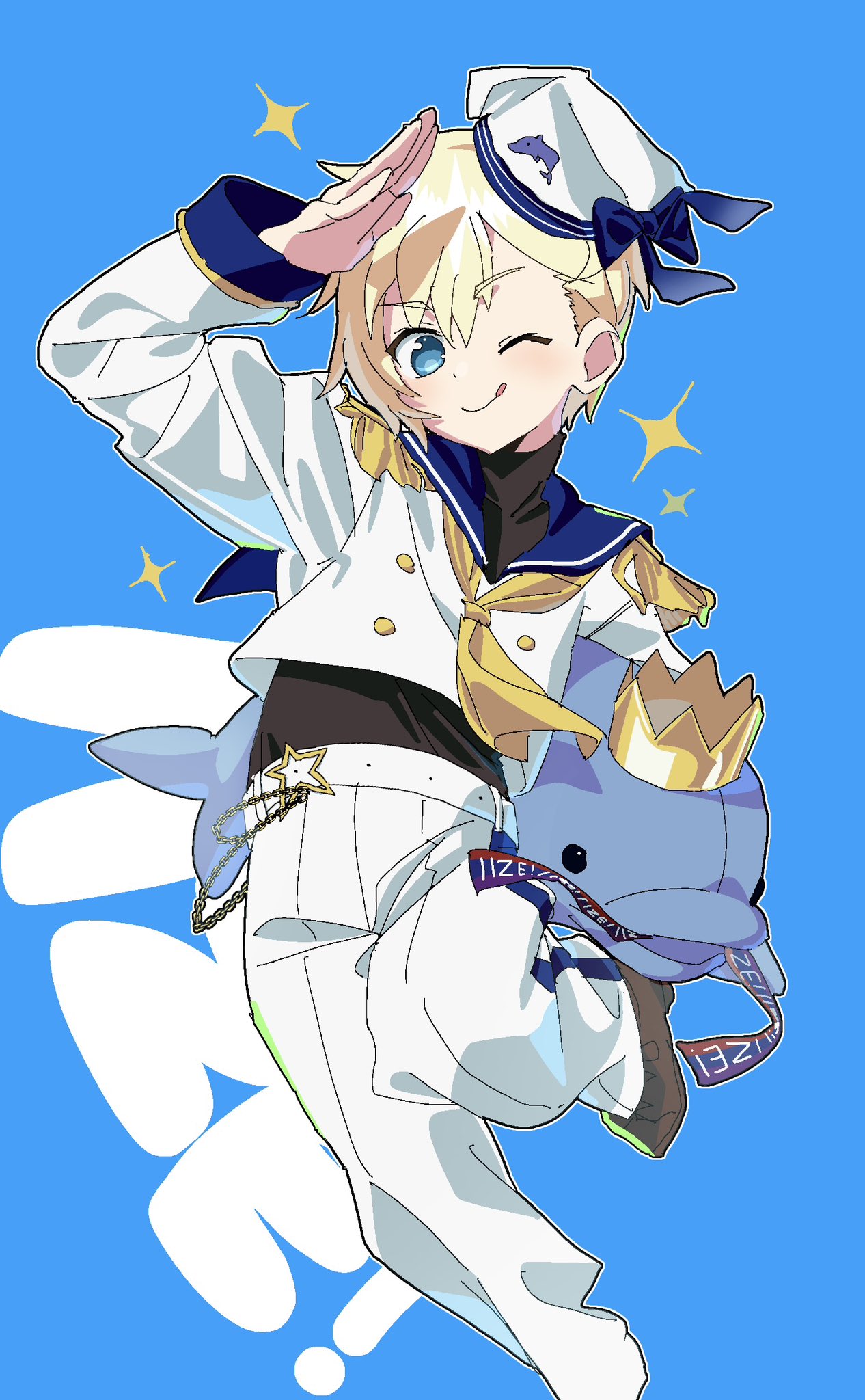 yumekawa shogo, idol time pripara, pretty series, pripara, commentary request, highres, 1boy, ;p, arm up, blonde hair, blue background, blue eyes, blue sailor collar, chain, closed mouth, epaulettes, hat, holding, holding stuffed toy, long sleeves, looking at viewer, male focus, neckerchief, one eye closed, pants, rariru (kanimiso p), sailor collar, sailor hat, salute, shirt, short hair, smile, solo, standing, standing on one leg, star (symbol), stuffed animal, stuffed dolphin, stuffed toy, tongue, tongue out, turtleneck, white hat, white pants, white shirt, yellow neckerchief