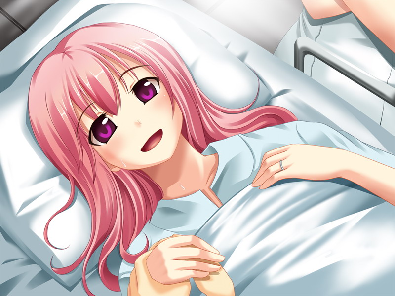 fumizuki yukari, asahina hiyori (hara hara!!), hara hara!!, game cg, third-party source, variant set, 1boy, 1girl, 1other, aged up, bed, bed sheet, blush, collarbone, crossed arms, floor, from above, hair between eyes, holding hands, hospital, hospital bed, hospital gown, indoors, jewelry, lab coat, long hair, looking at viewer, lower body, lying, on back, on bed, open mouth, pillow, pink eyes, pink hair, pov, pov hands, ring, sidelocks, smile, standing, tareme, under covers, upper body, wedding ring