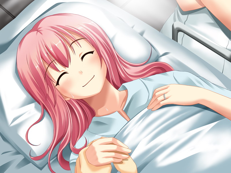 fumizuki yukari, asahina hiyori (hara hara!!), hara hara!!, game cg, third-party source, variant set, 1boy, 1girl, 1other, ^ ^, aged up, bed, bed sheet, blush, closed eyes, closed mouth, collarbone, crossed arms, floor, from above, holding hands, hospital, hospital bed, hospital gown, indoors, jewelry, lab coat, long hair, looking at viewer, lower body, lying, on back, on bed, pillow, pink hair, pov, pov hands, ring, sidelocks, smile, standing, tareme, under covers, upper body, wedding ring