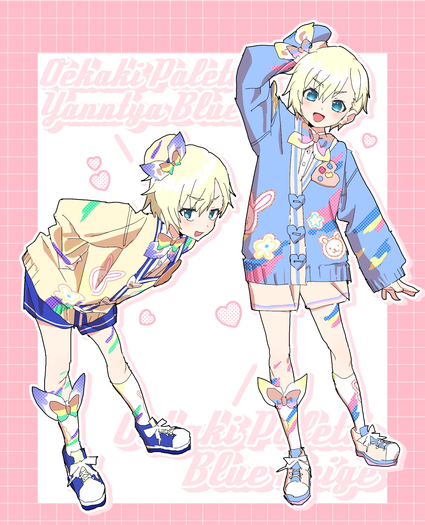 yumekawa shogo, himitsu no aipri, idol time pripara, pretty series, pripara, commentary request, highres, 1boy, :d, arm up, blonde hair, blue cardigan, blue eyes, blue hat, blue shoes, blue shorts, cardigan, cosplay, full body, hat, leaning forward, long sleeves, looking at viewer, male focus, mini hat, multiple views, open mouth, pink background, rariru (kanimiso p), shoes, short hair, shorts, smile, sneakers, socks, standing, white socks, yellow cardigan