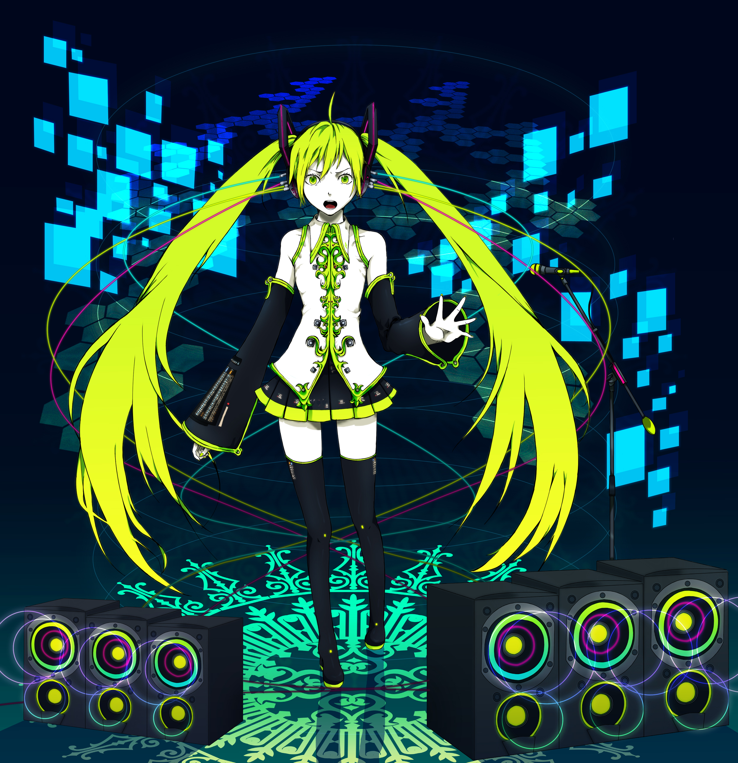 ao fujimori, hatsune miku, pio, vocaloid, absurdres, bad id, bad pixiv id, highres, 1girl, detached sleeves, female focus, green eyes, green hair, headphones, long hair, matching hair/eyes, microphone, microphone stand, necktie, skirt, solo, speaker, thighhighs, twintails, very long hair, zettai ryouiki