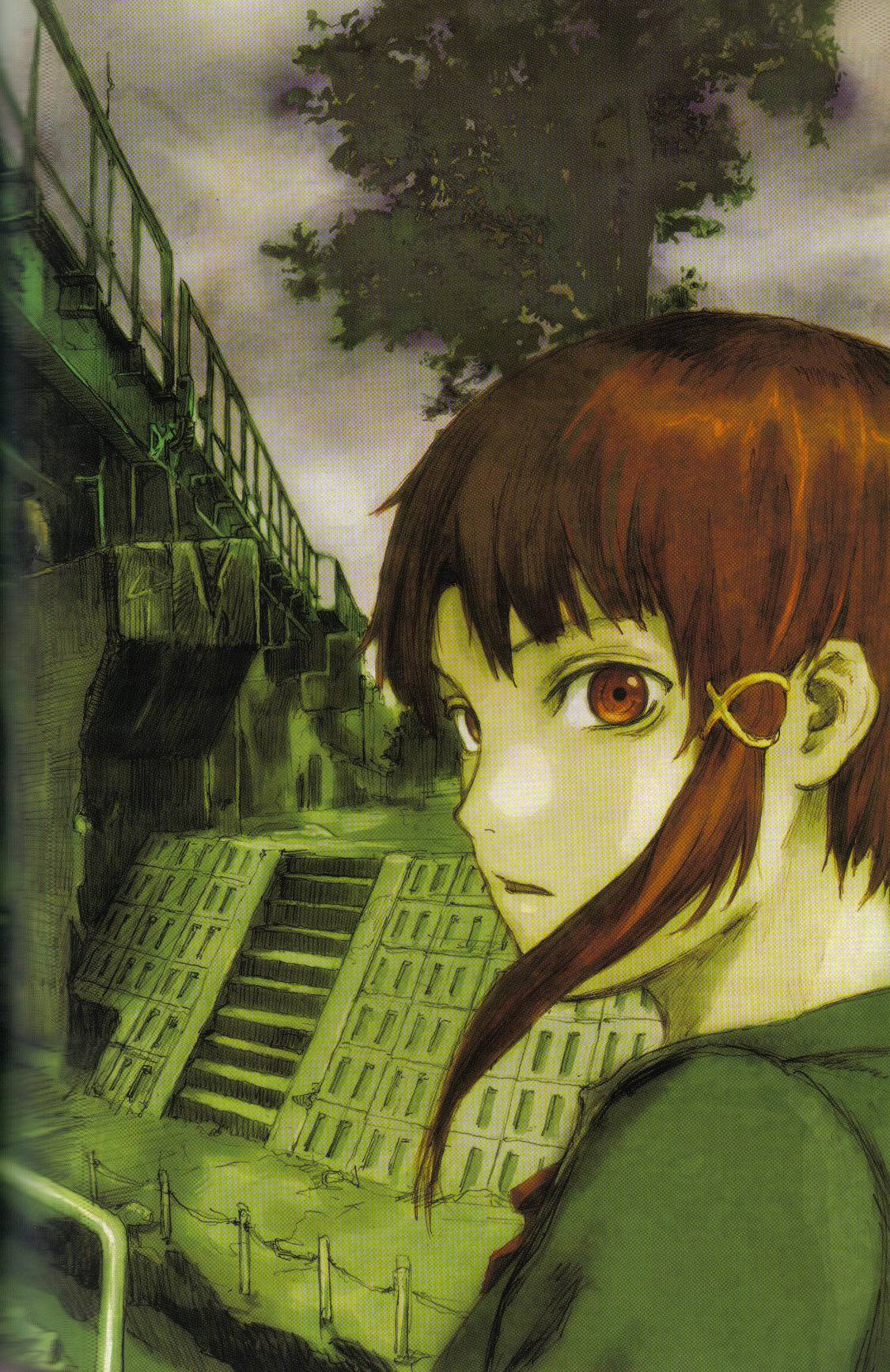 abe yoshitoshi, iwakura lain, serial experiments lain, artbook, highres, official art, scan, 1990s (style), 1girl, bridge, brown eyes, brown hair, female focus, hair ornament, hairclip, looking back, outdoors, plant, portrait, railing, retro artstyle, short hair, sky, solo, stairs, tree
