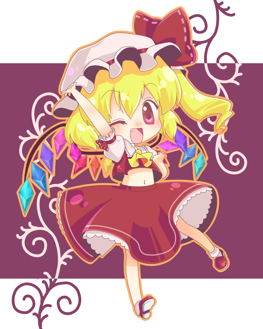 imahia, flandre scarlet, touhou, highres, 1girl, blonde hair, chibi, fang, female focus, full body, hat, midriff, navel, one eye closed, one side up, ponytail, red eyes, short hair, side ponytail, skirt, solo, wings, wink