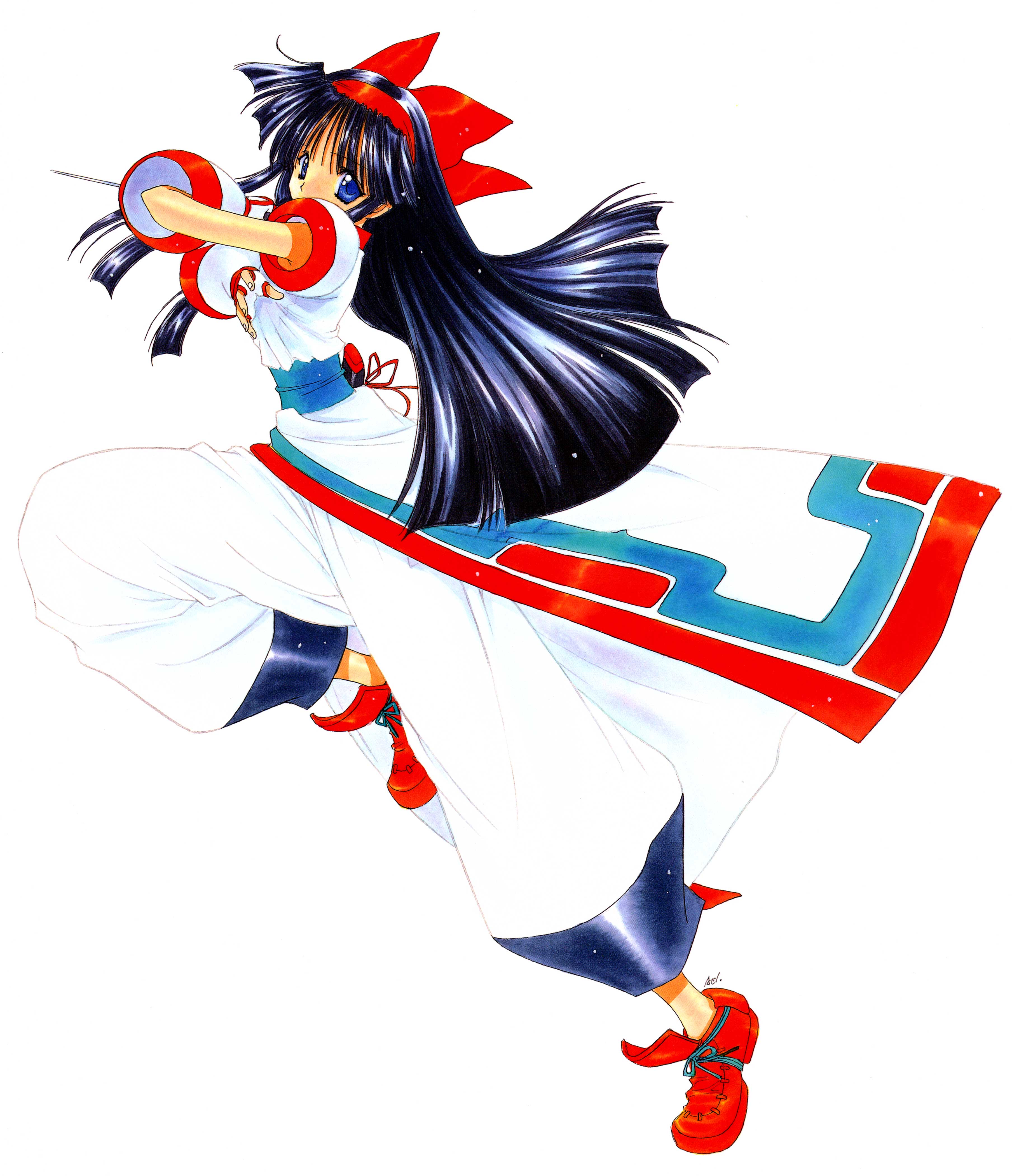 nanase aoi, nakoruru, samurai spirits, snk, absurdres, highres, scan, 1990s (style), 1girl, black hair, blue eyes, bow, female focus, hair bow, japanese clothes, long hair, red bow, retro artstyle, solo, white background