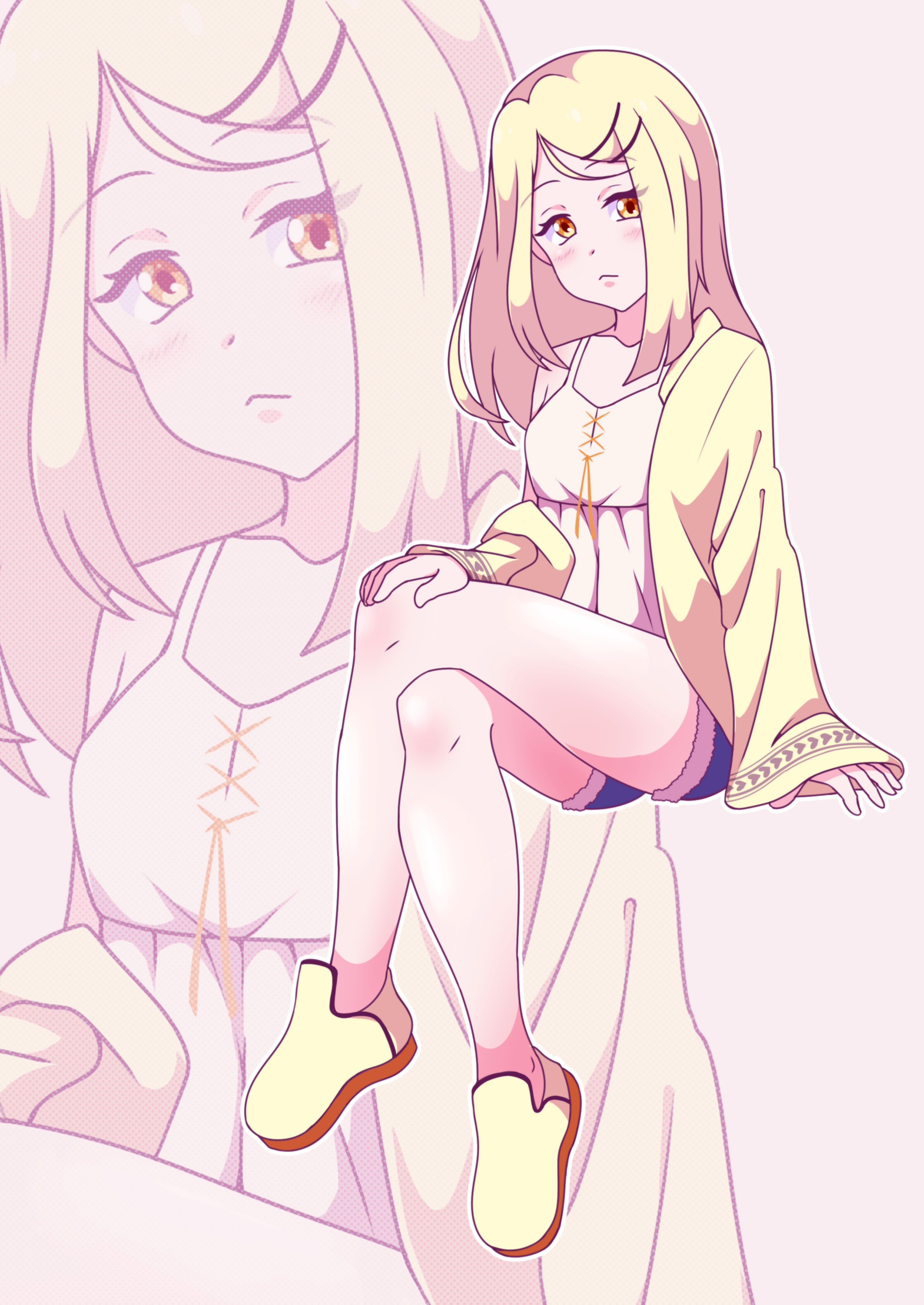 neferkitty, shinosawa hiro, idolmaster, absurdres, highres, 1girl, blonde hair, blush, breasts, collarbone, colored eyelashes, denim, denim shorts, hair ornament, hairclip, jacket, jewelry, long hair, looking at viewer, orange eyes, parallel hairclips, robe, shirt, shorts, simple background, skinny, solo, thighs, white robe