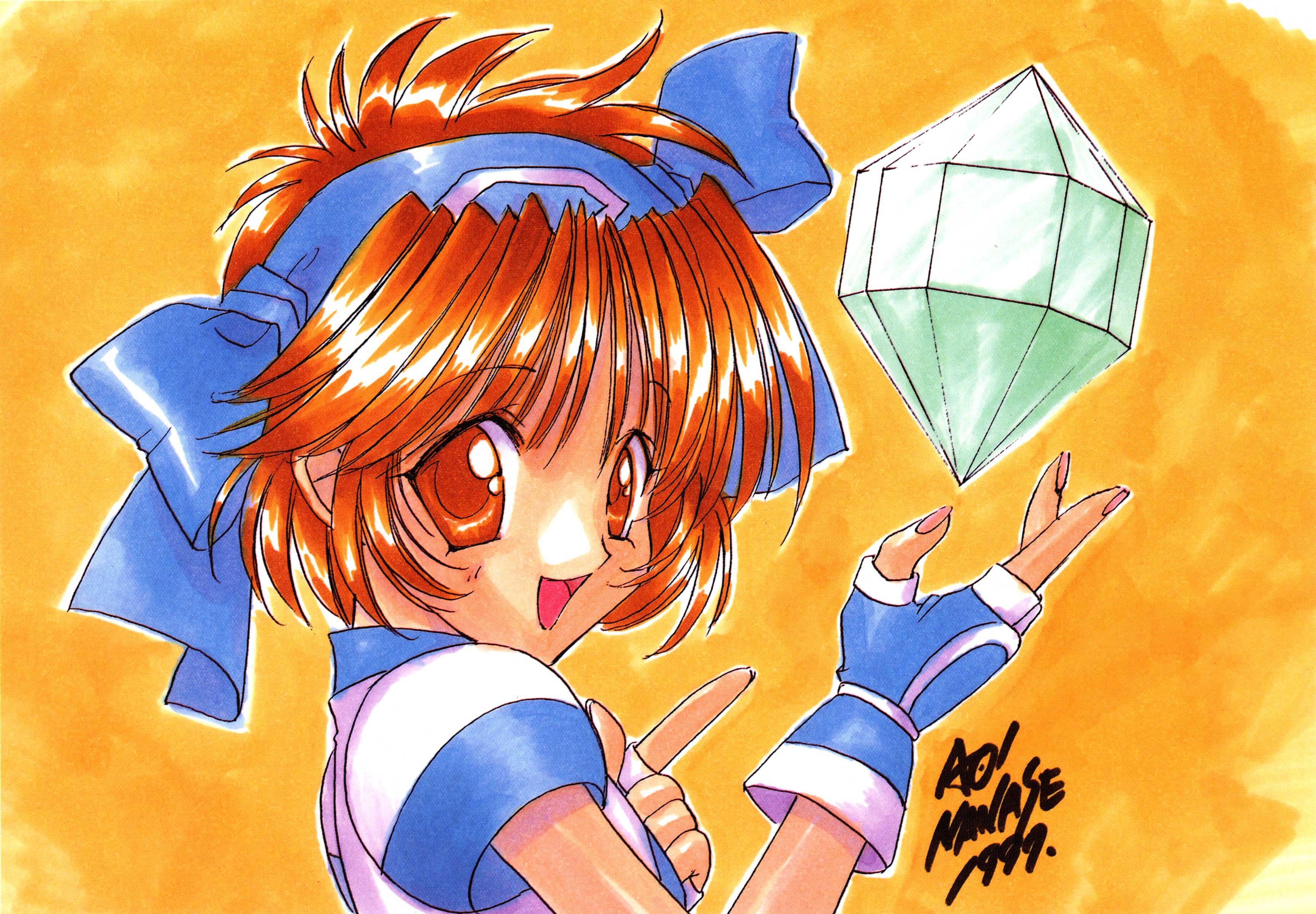 nanase aoi, konril, rimururu, samurai spirits, snk, absurdres, highres, scan, 1990s (style), 1girl, brown eyes, brown hair, crystal, female focus, fingerless gloves, gloves, hairband, nail polish, orange background, pink nails, retro artstyle, short hair, signature, smile, solo
