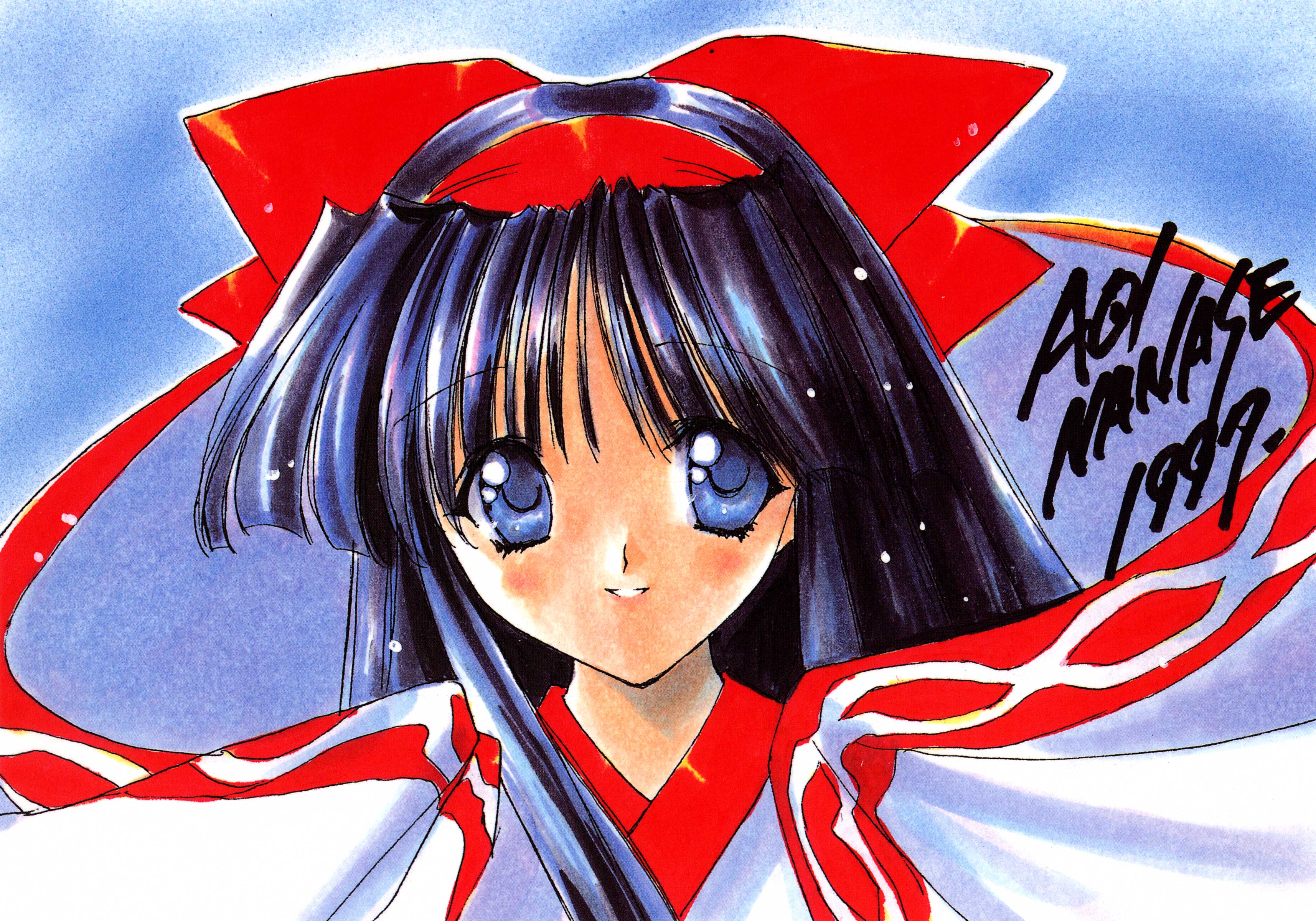 nanase aoi, nakoruru, samurai spirits, snk, absurdres, highres, scan, 1990s (style), 1girl, black hair, blue eyes, bow, female focus, hair bow, japanese clothes, red bow, retro artstyle, signature, smile, solo