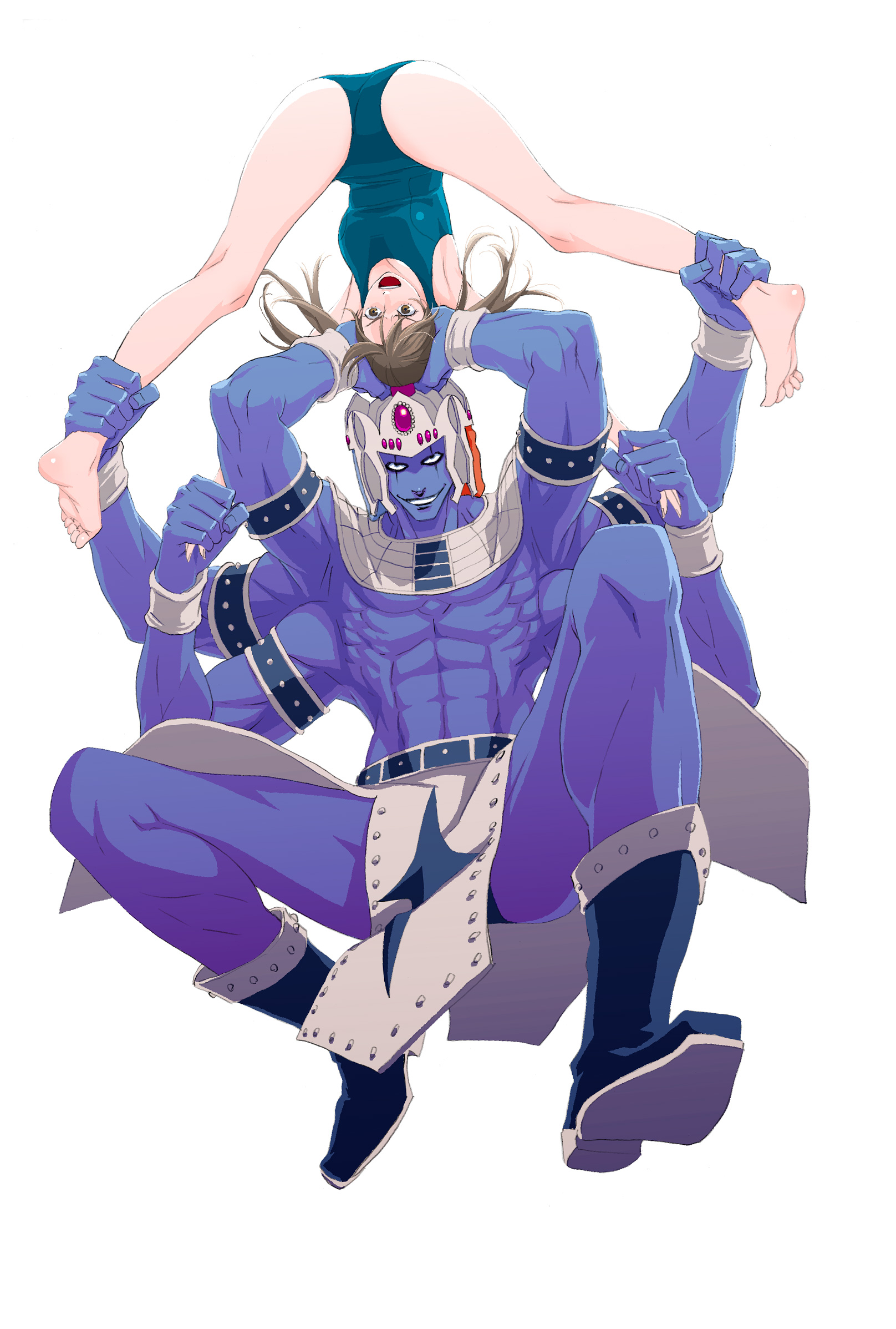 ayakiri, ayamura kirihito, ashuraman, asura buster, kinnikuman, highres, 1boy, 1girl, armpits, ass, blue skin, brown eyes, brown hair, colored skin, grin, kinniku buster, muscular, one-piece swimsuit, school swimsuit, smile, spread legs, suplex, swimsuit, wrestling