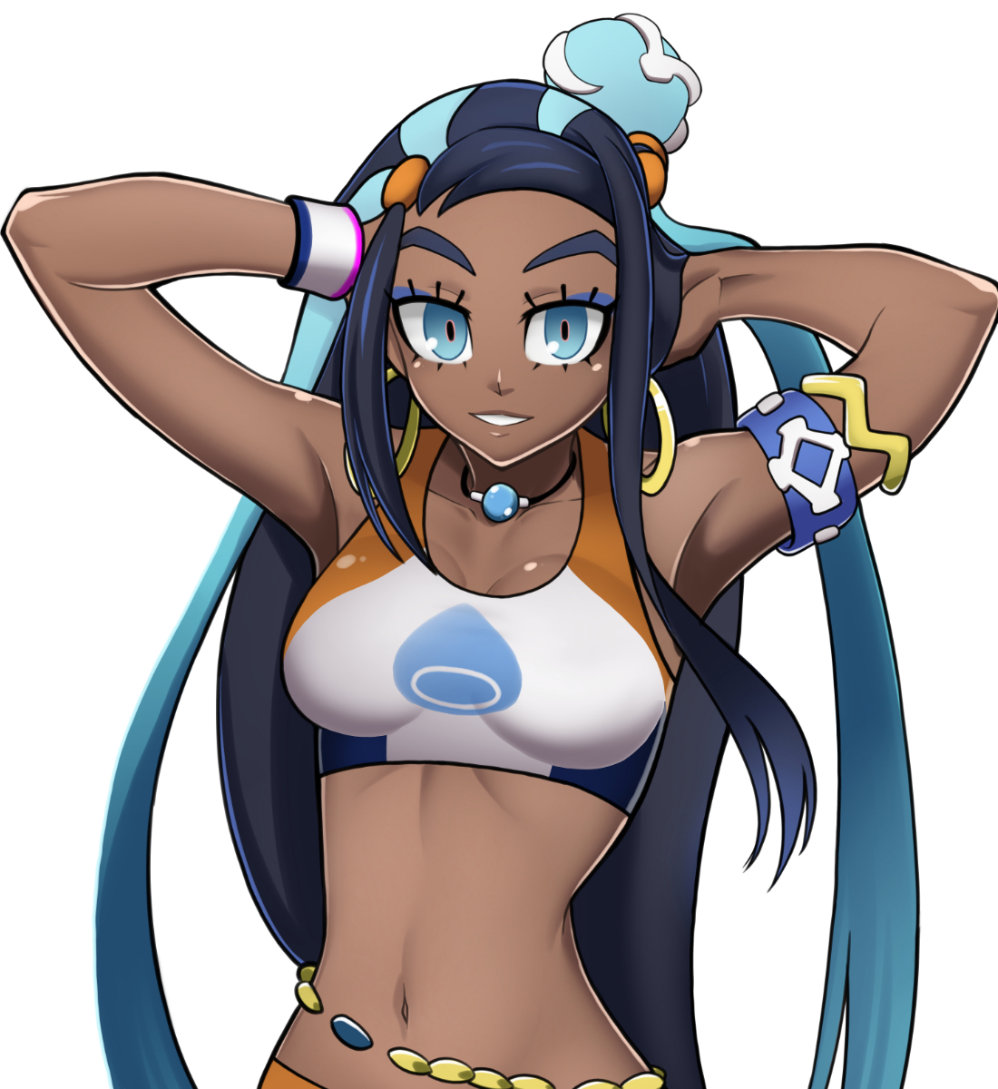nessa (pokemon), nintendo, pokemon, pokemon swsh, commentary request, highres, 1girl, armlet, arms behind head, belly chain, blue eyes, blue eyeshadow, blue hair, breasts, cleavage, collarbone, crop top, dark-skinned female, dark skin, dynamax band, earrings, eyeshadow, hair bun, hair ornament, hoop earrings, horikawa keesuke, jewelry, long hair, looking at viewer, makeup, medium breasts, midriff, multicolored hair, navel, necklace, single hair bun, swimsuit, two-tone hair, very long hair