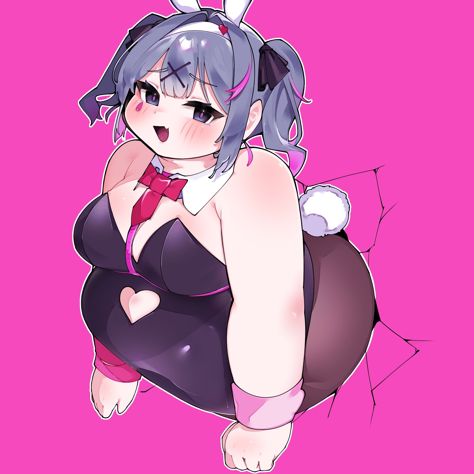 chile paper, hatsune miku, rabbit hole (vocaloid), vocaloid, commentary request, highres, 1girl, :d, alternate body size, animal ears, armpit crease, arms at sides, bare arms, bare shoulders, black bow, black leotard, blue eyes, blue hair, blush, bow, bowtie, breasts, center-flap bangs, clenched hand, clothing cutout, colored inner hair, cowboy shot, crack, cracked wall, cutout above navel, detached collar, double-parted bangs, fake animal ears, fake tail, fang, fat, hair between eyes, hair bow, hair intakes, hair ornament, heart cutout, large breasts, leotard, looking at viewer, medium hair, multicolored hair, necktie, obese, open mouth, outline, pink background, pink hair, pink pupils, rabbit ears, rabbit tail, raised inner eyebrows, red bow, red bowtie, red necktie, short necktie, sidelocks, simple background, skin fang, smile, solo, standing, strapless, strapless leotard, streaked hair, tail, teardrop facial mark, through wall, tongue, twintails, two-tone hair, white outline, white tail, x hair ornament