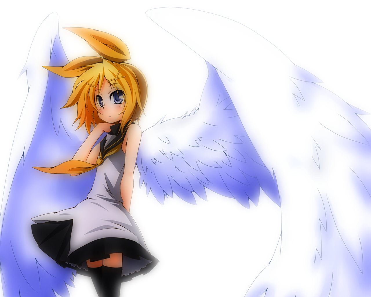 metaphor (artist), kagamine rin, vocaloid, bad id, bad pixiv id, 1girl, angel wings, blonde hair, blue eyes, dress, female focus, hair ornament, hair ribbon, hairclip, ribbon, sailor dress, short hair, skirt, solo, thighhighs, white background, wings, zettai ryouiki