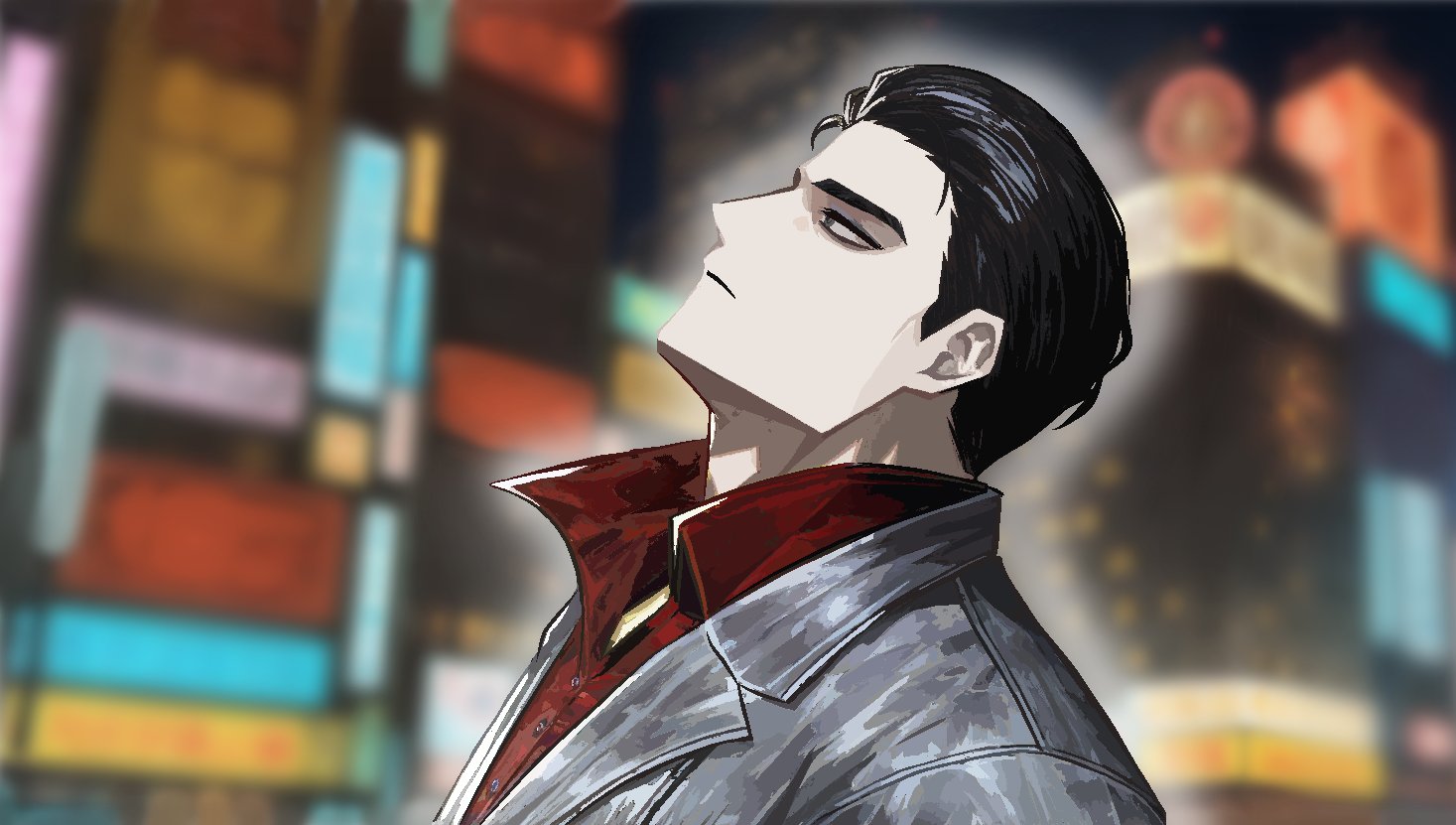 kiryu kazuma, meursault (project moon), limbus company, project moon, ryuu ga gotoku (series), ryuu ga gotoku 1, commentary, english commentary, textless version, 1boy, black hair, city, coat, collared coat, collared shirt, cosplay, expressionless, hair slicked back, kiryu kazuma (cosplay), looking up, male focus, paulcamadonnas, shirt, short hair, thick eyebrows, white coat