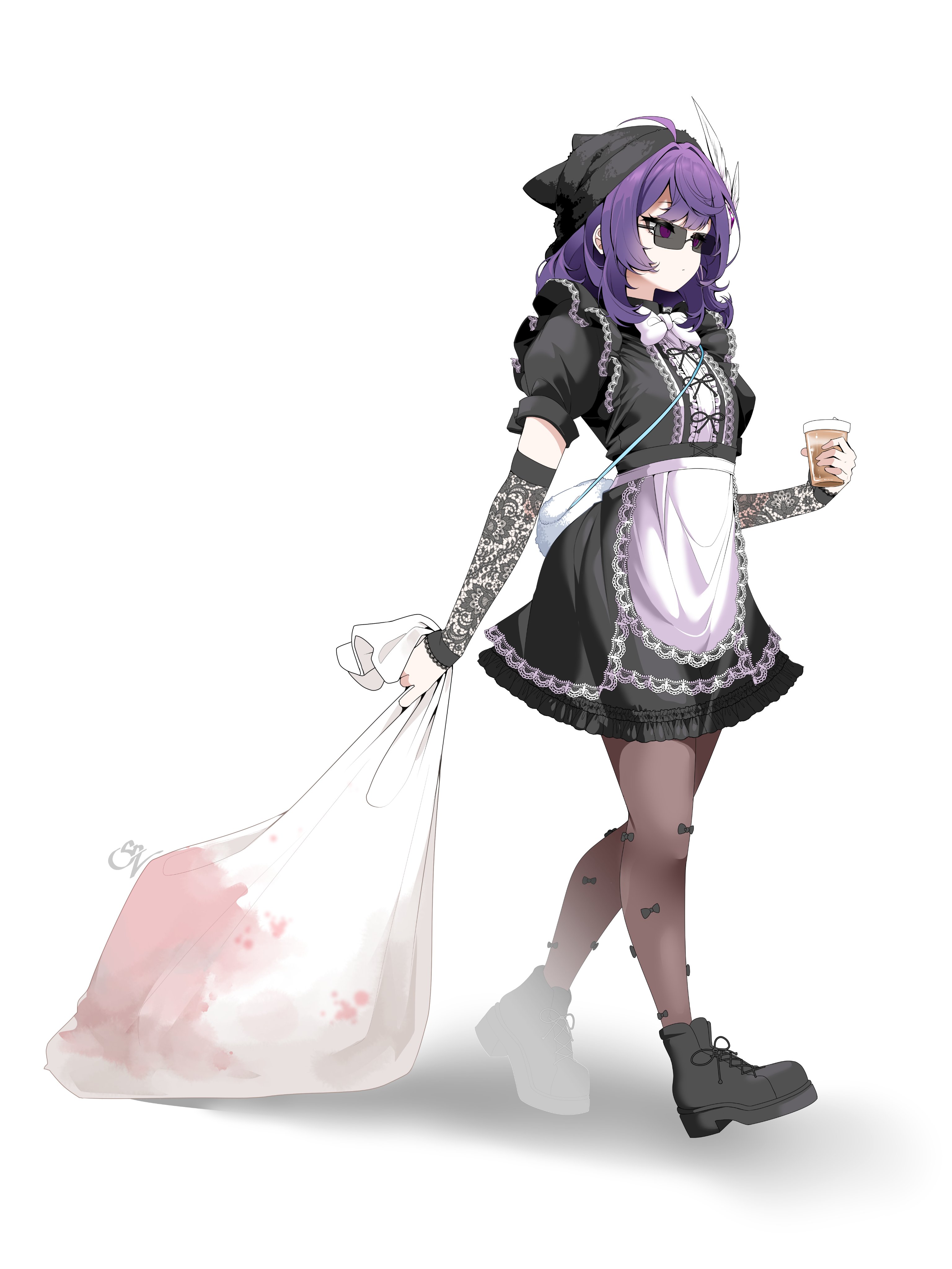 saltnvalk, indie virtual youtuber, absurdres, commentary request, highres, 1girl, adelaide (vtuber), apron, beanie, black boots, black dress, black hat, blood, boots, breasts, closed mouth, cup, detached sleeves, disposable cup, dot mouth, dragging, dress, frilled dress, frills, full body, hat, holding, holding cup, holding sack, implied murder, looking ahead, maid, purple eyes, purple hair, sack, short hair, short sleeves, simple background, small breasts, solo, sunglasses, swept bangs, virtual youtuber, waist apron, walking, white apron, white background