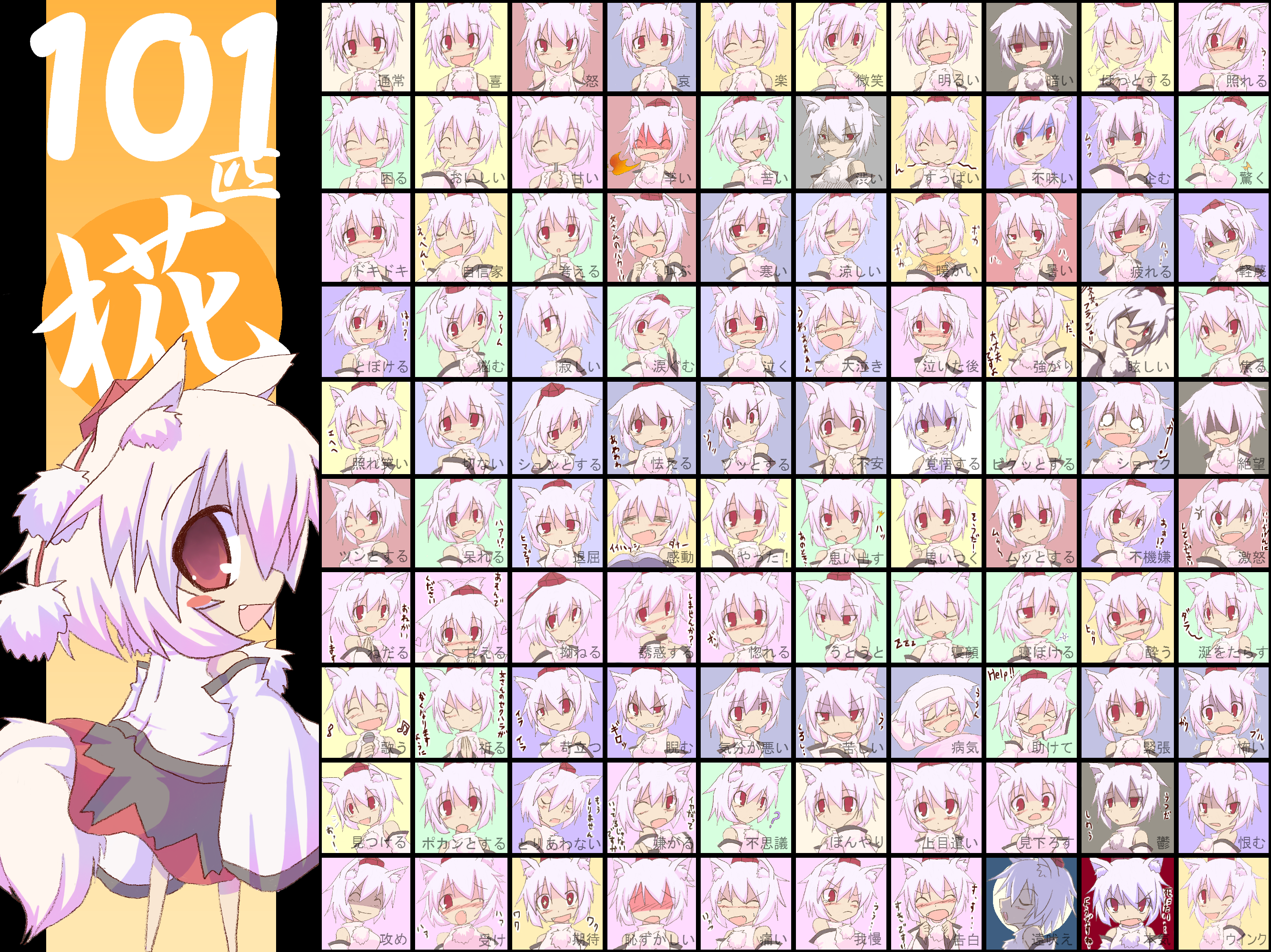 kuromiya, inubashiri momiji, touhou, silver hair, highres, translated, 1girl, animal ears, cigarette, detached sleeves, fang, female focus, hat, multiple expressions, multiple views, red eyes, standing, tail, tokin hat, wolf ears, wolf tail