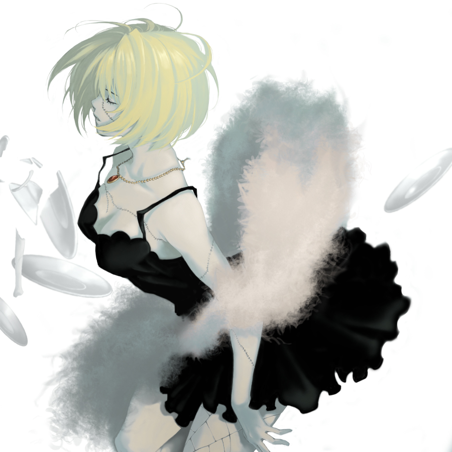 koma kiri aoko, victoria cindry, one piece, 1girl, black dress, blonde hair, bob cut, bone, breasts, broken, cleavage, closed eyes, dress, feather boa, female focus, jewelry, large breasts, necklace, patterned legwear, plate, scar, short hair, solo, stitches, thriller bark, zombie