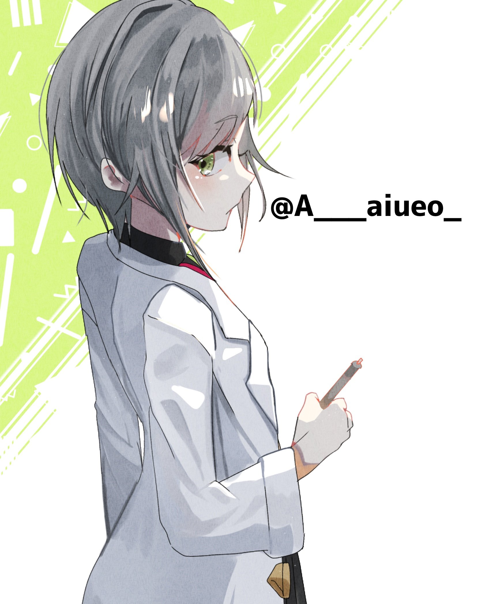 hinomori shiho, project sekai, commentary, highres, 1girl, a aiueo, black shirt, black skirt, blush, closed mouth, coat, collared shirt, from side, get over it. (project sekai), green background, green eyes, green necktie, grey hair, hand up, holding, holding pen, lab coat, lapels, long sleeves, looking back, necktie, nose, notched lapels, official alternate costume, open clothes, open coat, pen, pleated skirt, profile, shirt, short hair, sidelocks, sideways glance, simple background, skirt, solo, standing, swept bangs, two-tone background, upper body, white background, white coat, wide sleeves
