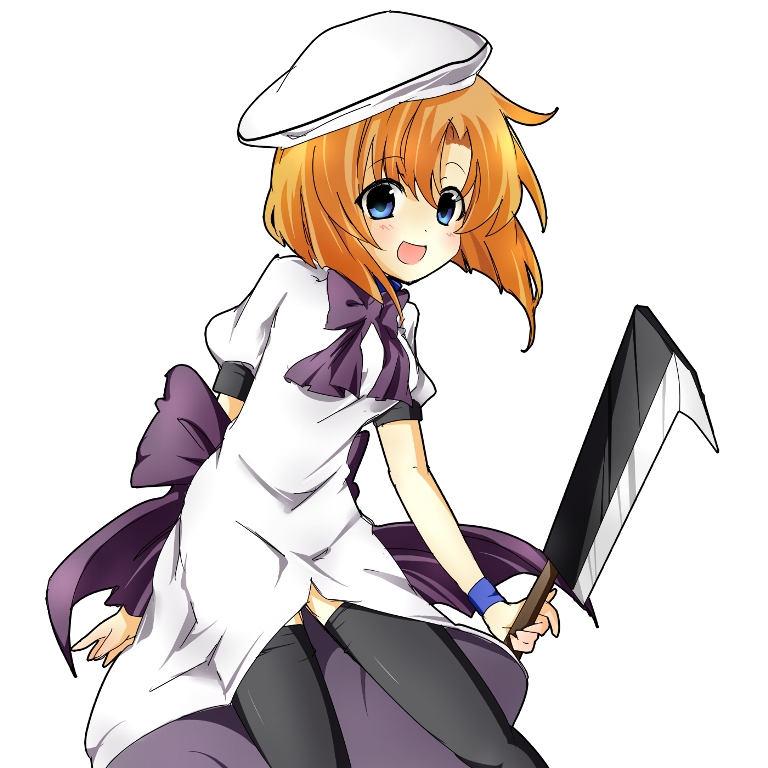 shacttainw, ryuuguu rena, higurashi no naku koro ni, bad id, bad pixiv id, 00s, 1girl, billhook, blue eyes, bow, dress, female focus, hashitsuki nata, hat, hatchet, nata (tool), orange hair, simple background, solo, thighhighs