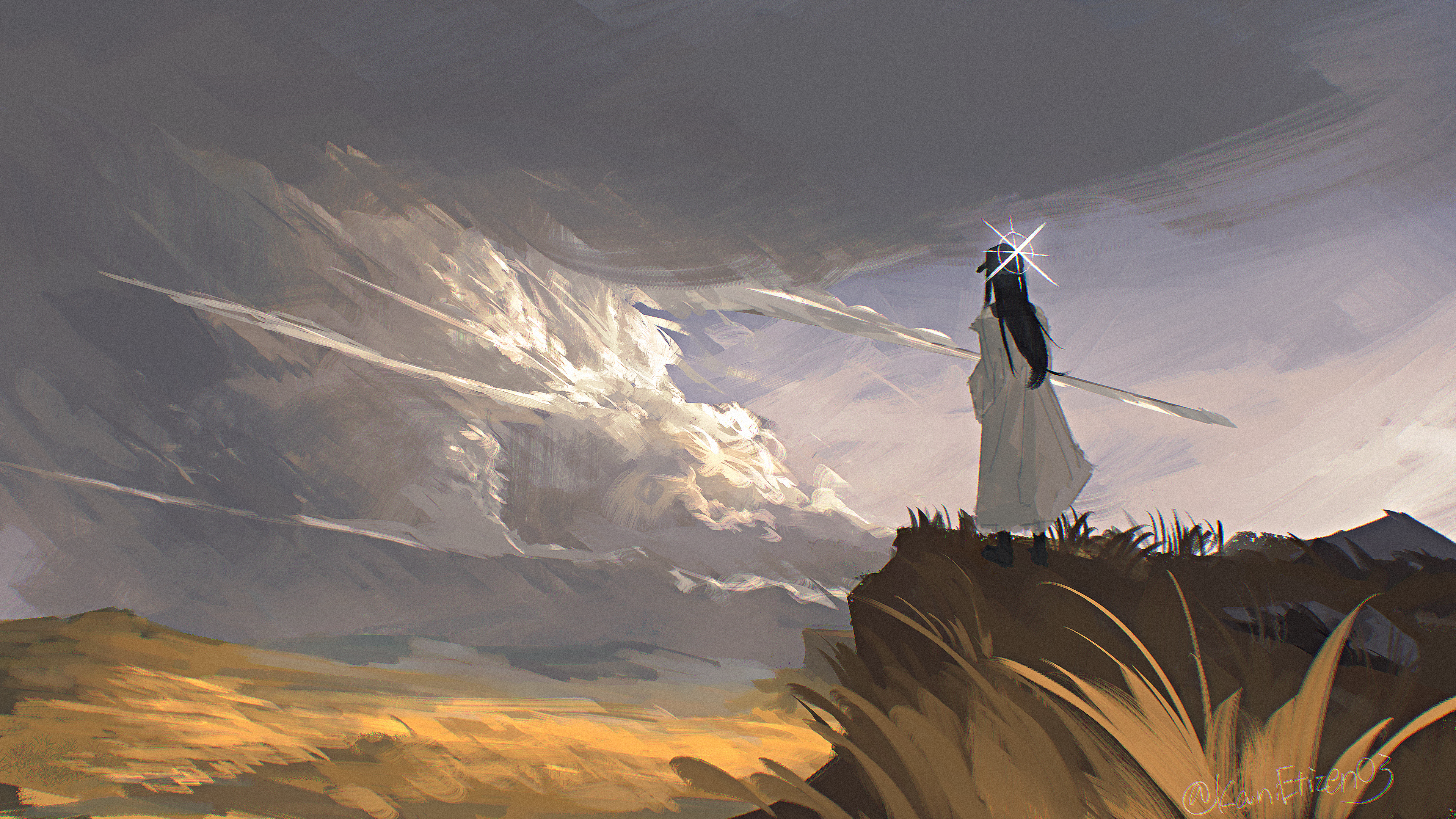 kani etizen03, saori (blue archive), blue archive, absurdres, commentary request, highres, 1girl, black hair, black hat, blue halo, cloud, cloudy sky, coat, field, from behind, halo, hat, long hair, scenery, sky, solo, white coat