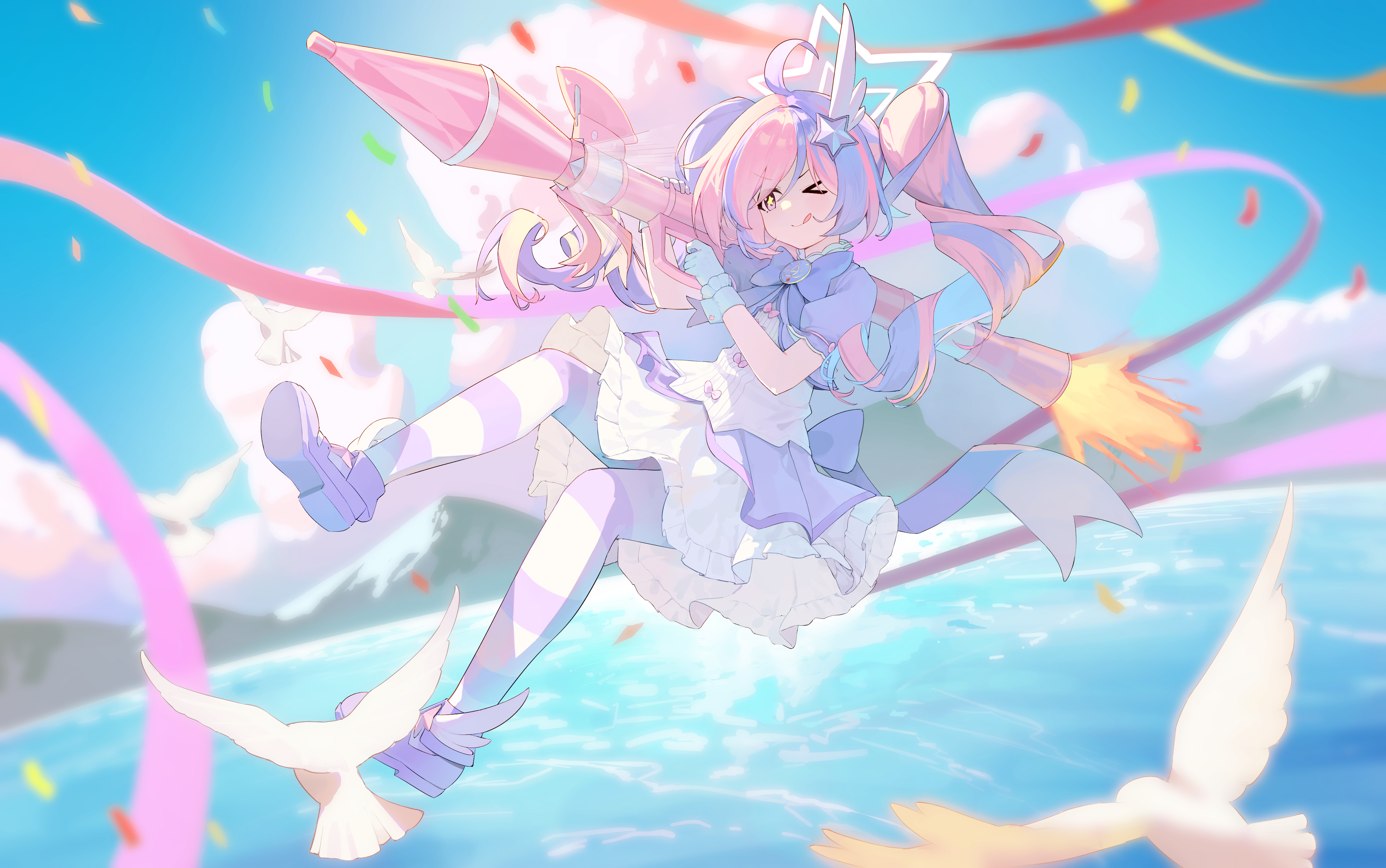 liwen520, reisa (blue archive), reisa (magical) (blue archive), blue archive, absurdres, commentary request, highres, 1girl, bird, brooch, bubble skirt, cloud, confetti, day, drill hair, firing, flying, gloves, hair ornament, halo, holding, holding rocket launcher, holding weapon, jacket, jewelry, magical girl, midair, mountain, multicolored hair, one eye closed, outdoors, over shoulder, pigeon, pink hair, pink halo, puffy short sleeves, puffy sleeves, purple eyes, purple hair, ribbon, rocket launcher, short sleeves, skirt, sky, socks, star-shaped pupils, star (symbol), star hair ornament, star halo, striped clothes, striped socks, swept bangs, symbol-shaped pupils, tongue, tongue out, twintails, two-tone hair, weapon, weapon over shoulder, wing hair ornament