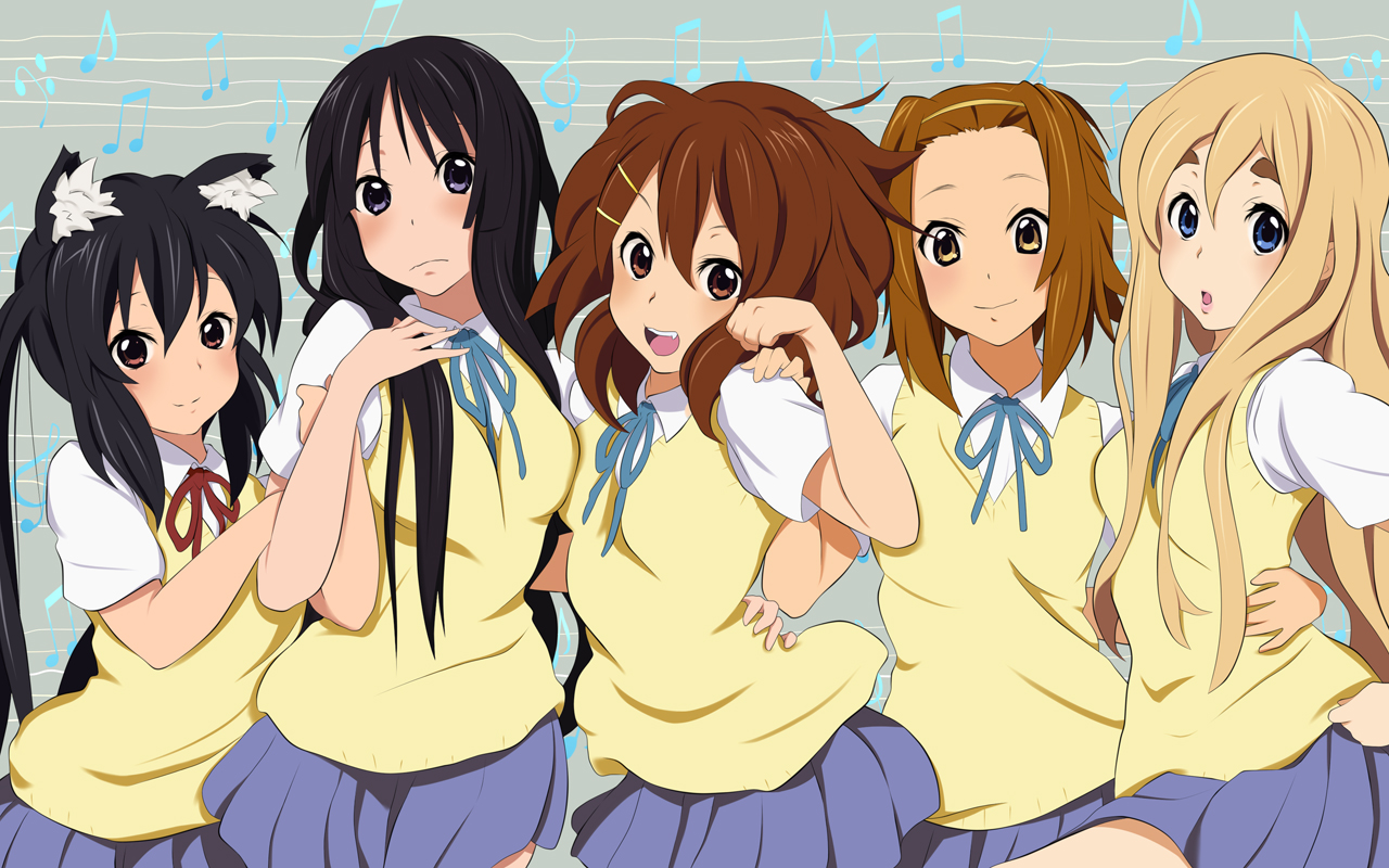 arujii, akiyama mio, hirasawa yui, kotobuki tsumugi, nakano azusa, tainaka ritsu, k-on!, 00s, 5girls, animal ears, black hair, blonde hair, blue eyes, blunt bangs, blush, brown eyes, brown hair, cat ears, grey eyes, hair ornament, hairband, hairclip, hime cut, ho-kago tea time, long hair, multiple girls, musical note, purple eyes, school uniform, short hair, skirt, sweater vest, twintails