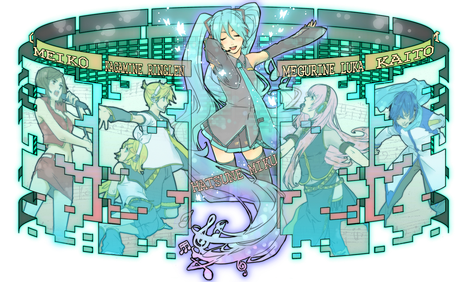 pon-ponz, hatsune miku, kagamine len, kagamine rin, kaito (vocaloid), megurine luka, meiko (vocaloid), vocaloid, bad id, bad pixiv id, 2boys, 4girls, aqua eyes, aqua hair, blonde hair, blue hair, brown hair, digital dissolve, headphones, long hair, microphone, miniskirt, multiple boys, multiple girls, music, necktie, pink hair, short hair, shorts, siblings, skirt, thighhighs, twins, twintails, very long hair