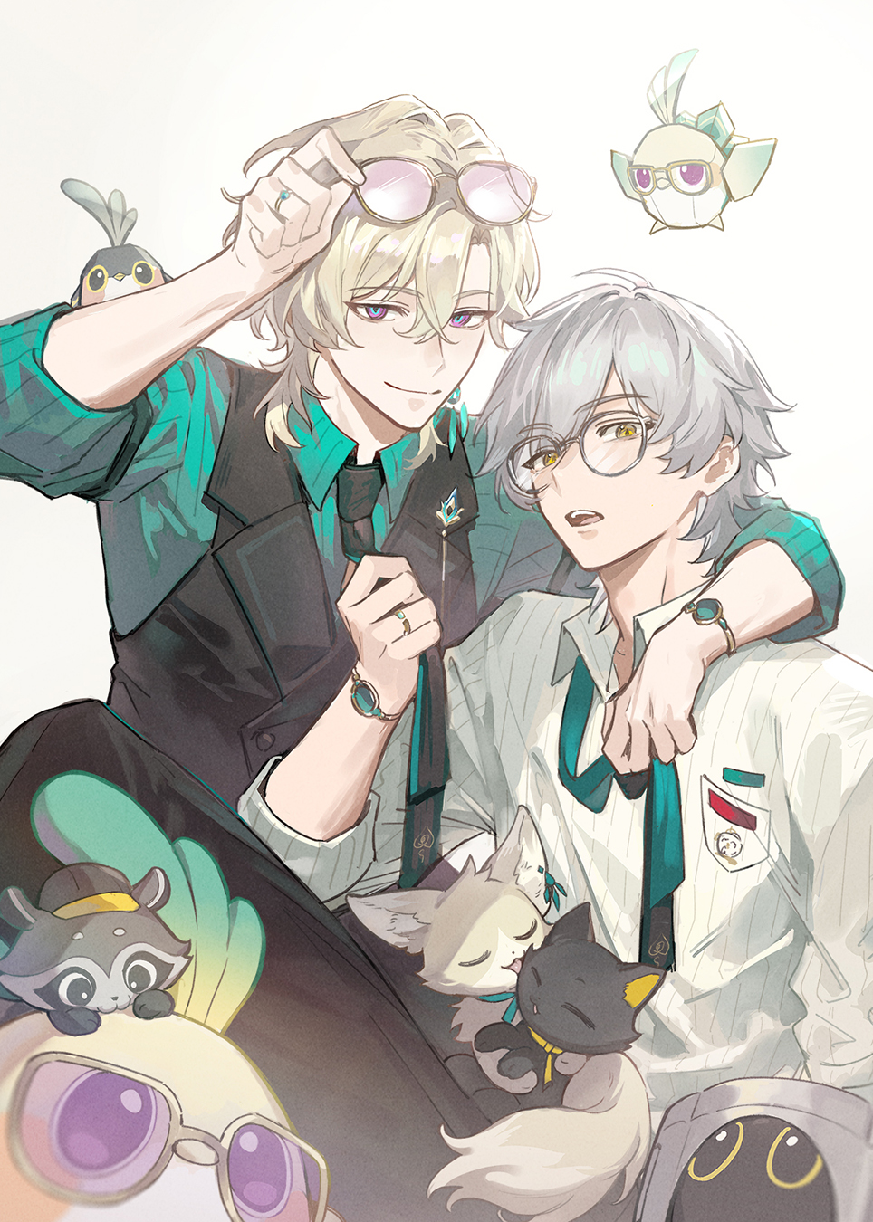 mealove1218, aventurine (honkai: star rail), aventurine (origami bird) (honkai: star rail), caelus (honkai: star rail), cake cat (honkai: star rail), trailblazer (honkai: star rail), trailblazer (trailbirder) (honkai: star rail), trailblazer (trash cake) (honkai: star rail), honkai: star rail, honkai (series), chinese commentary, commentary request, highres, 2boys, alternate costume, animal, animal ears, animal nose, animalization, aqua gemstone, aqua shirt, arm around neck, beak, black cat, black eyes, black fur, black hat, black necktie, black pants, black vest, blonde hair, blue eyes, blue necktie, bracelet, breast pocket, buttons, cat, cat ears, cat tail, closed mouth, collared shirt, crossed bangs, earrings, eyewear on head, flying, galactic baseballer (honkai: star rail), gem, glasses, gold bracelet, gold ring, grey-framed eyewear, grey fur, grey hair, hair between eyes, hand up, hat, heart, heart print, jewelry, lapels, long sleeves, looking at viewer, male focus, mooncake, multicolored eyes, multiple boys, necktie, open mouth, origami bird (honkai: star rail), pants, peaked cap, person and animalization, pink-tinted eyewear, pocket, purple eyes, raccoon, raccoon ears, raccoon tail, shirt, short hair, simple background, single earring, sitting, smile, striped clothes, striped shirt, sunglasses, tail, teeth, tinted eyewear, tongue, vest, white background, white shirt, wings, yellow-framed eyewear, yellow eyes, yellow fur