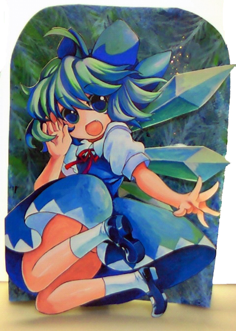 mosho, cirno, embodiment of scarlet devil, touhou, 1girl, blue eyes, blue hair, female focus, matching hair/eyes, solo, wings