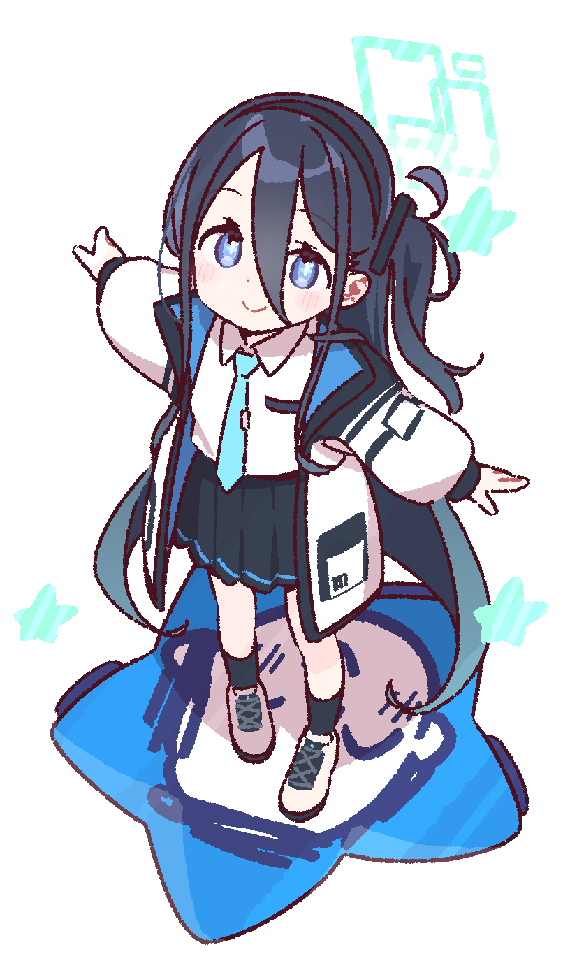yoru nai, aris (blue archive), doodle sensei (blue archive), sensei (blue archive), blue archive, commentary request, highres, 1girl, black hair, black skirt, black socks, blue necktie, blush, closed mouth, collared shirt, double-parted bangs, full body, green halo, hair between eyes, halo, jacket, long hair, long hair between eyes, long sleeves, looking at viewer, necktie, one side up, open clothes, open jacket, pleated skirt, rectangular halo, shirt, shoes, simple background, skirt, smile, sneakers, socks, solo, standing, star (symbol), white background, white jacket, white shirt, white shoes