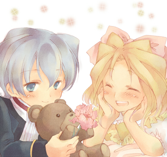 wato, iris chateaubriand, jean-paul, jean paul, reni milchstrasse, sakura taisen, sakura taisen ii, silver hair, 00s, 2girls, blonde hair, blush, bow, closed eyes, flower, happy, looking at viewer, multiple girls, open mouth, pink bow, smile, stuffed animal, stuffed toy, teddy bear
