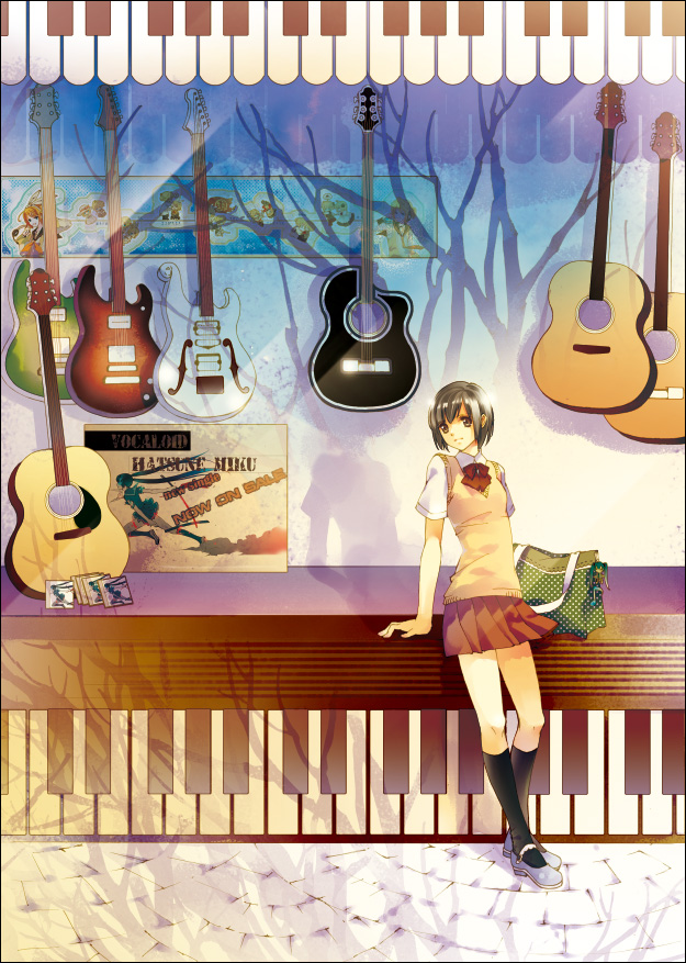 chry (abbey bc), hatsune miku, kagamine len, kagamine rin, original, vocaloid, bad id, bad pixiv id, 1girl, acoustic guitar, bag, black hair, cameo, cd, female focus, guitar, instrument, kneehighs, school uniform, short hair, socks, solo, sweater vest