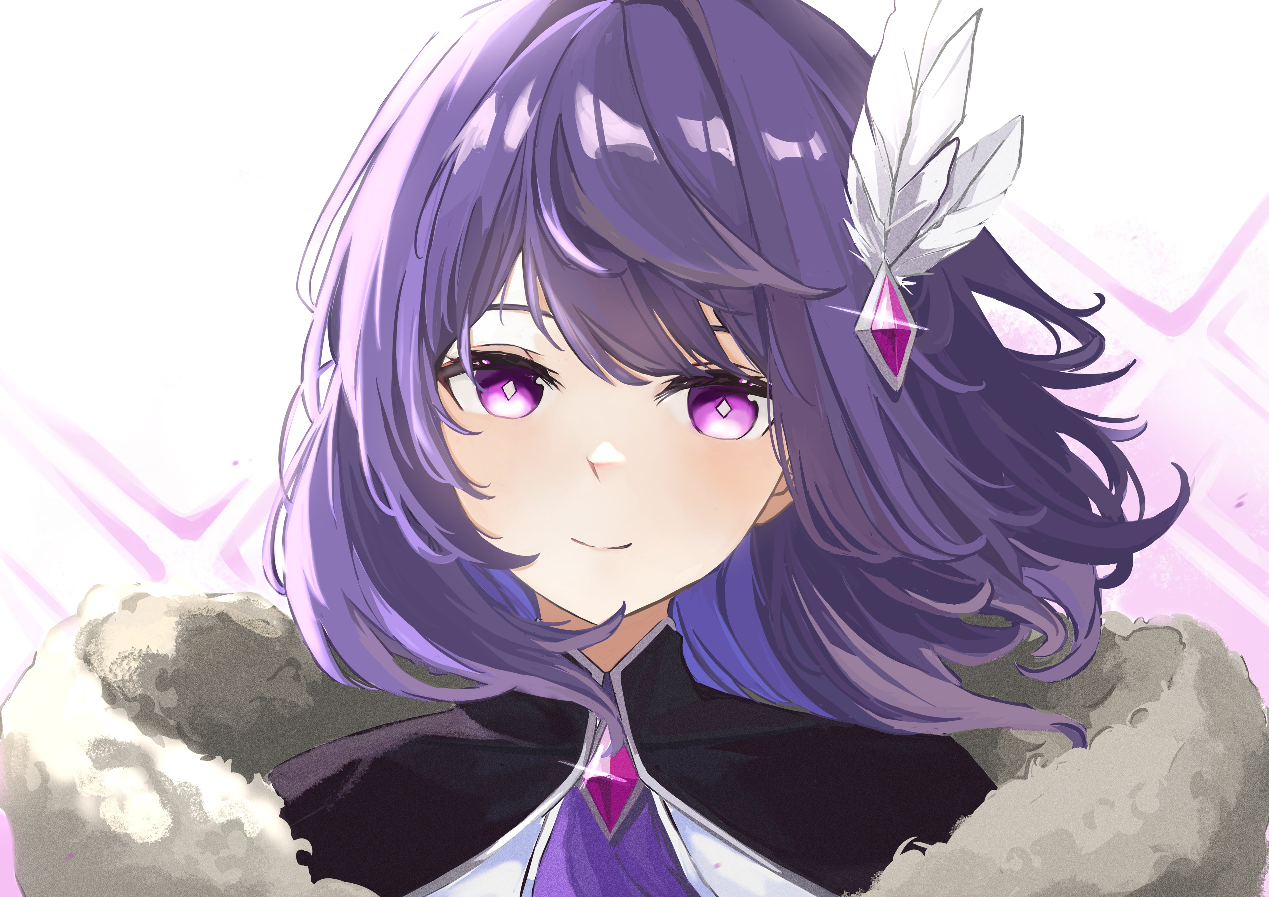 indie virtual youtuber, absurdres, commentary, highres, symbol-only commentary, 1girl, adelaide (vtuber), brooch, closed mouth, feathers, fur (clothing), gem, hair ornament, jewelry, looking at viewer, niver, portrait, purple eyes, purple gemstone, purple hair, short hair, smile, solo, swept bangs, virtual youtuber, white background