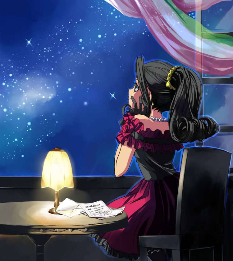 anejake, soletta orihime, sakura taisen, sakura taisen ii, 00s, black hair, dress, gem, gloves, jewelry, lamp, letter, necklace, night, pearl (gemstone), pearl necklace, sitting, slice of life, solo, star (symbol), tanabata, window