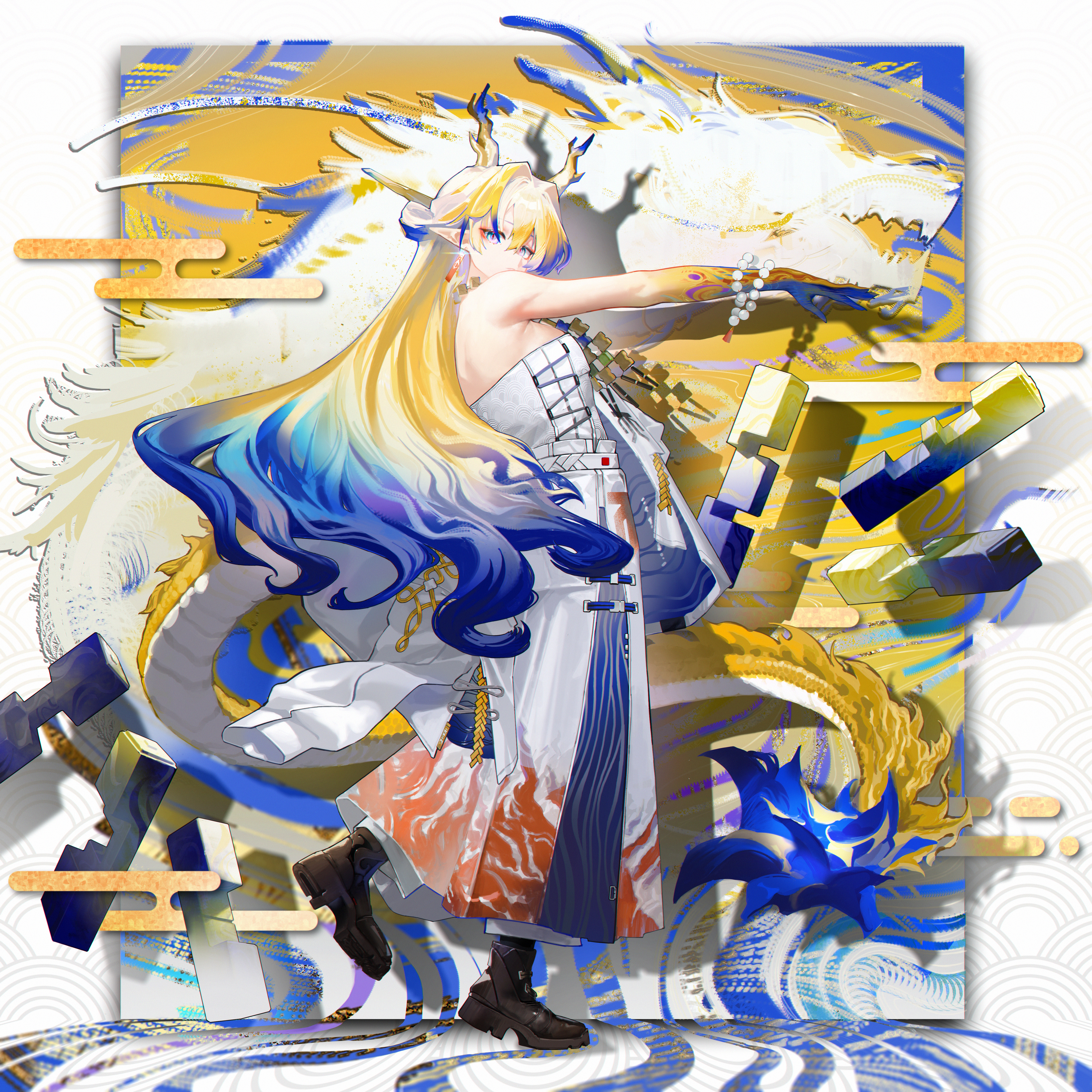 gaanc 23 (tomosuge), shu (arknights), arknights, absurdres, commentary request, highres, 1girl, ankle boots, arm up, armpits, bare arms, bare shoulders, bead bracelet, beads, blonde hair, blue eyes, blue hair, blue skin, boots, bracelet, breasts, brown boots, closed mouth, colored skin, dragon, dragon girl, dragon horns, dragon tail, earrings, egasumi, floating, floating object, from side, full body, gradient hair, grey hair, hair intakes, horns, jacket, jewelry, leg up, long hair, looking at viewer, looking to the side, medium breasts, multicolored hair, multicolored skin, necklace, open clothes, open jacket, pants, pointy ears, solo, standing, standing on one leg, strapless, tail, tassel, tassel earrings, very long hair, white hair, white jacket, white pants, yellow skin