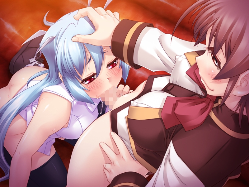 kashiwagi tsumiki, mahou shoujo isuka, black legwear, 10s, 1futa, 1girl, ass, blue hair, blush, bottomless, brown eyes, brown hair, censored, covered erect nipples, embarrassed, erection, fellatio, from above, futa with female, futanari, hand on another's head, happy, long hair, mosaic censoring, multiple girls, no panties, object insertion, oral, penis, school uniform, short hair, smug, twintails