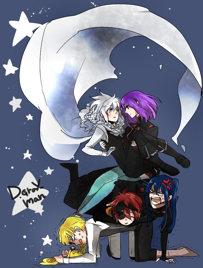 shumiko (kamenokoueki), allen walker, howard link, kanda yuu, lavi, lenalee lee, timcanpy, d.gray-man, commentary request, partial commentary, 1girl, 4boys, anger vein, angry, anklet, black boots, black coat, black gloves, black headband, black jacket, black order uniform, black pants, black shirt, black skin, black vest, blank eyes, blonde hair, blue background, blue hair, blue thighhighs, bob cut, boots, braid, braided ponytail, brown boots, cape, carrying, carrying person, clenched hands, closed eyes, coat, colored skin, copyright name, creature, dress shirt, eyepatch, facial mark, facing another, facing down, facing viewer, fingerless gloves, floating cape, frown, gloves, golem (d.gray-man), grey eyes, grey pants, grey vest, hair between eyes, hand on ground, headband, high ponytail, hood, hood down, hooded cape, horns, jacket, jewelry, legs, light smile, long hair, long sleeves, looking at another, looking down, lying, lying on person, mask, messy hair, military, military uniform, miniskirt, multiple boys, on stomach, one-eyed, one eye covered, open mouth, pants, parted lips, pleated skirt, ponytail, princess carry, profile, purple hair, red hair, red skirt, reverse princess carry, scar, scar across eye, scar on face, shaking, shirt, short hair, shouting, sidelocks, single braid, single glove, sitting, sitting on person, skirt, star (symbol), striped clothes, striped coat, striped jacket, sweat, sweatdrop, tail, thighhighs, thighs, turtleneck, turtleneck jacket, unworn mask, vertical-striped clothes, vertical-striped jacket, very long cape, vest, white cape, white gloves, white hair, white mask, white shirt, wings