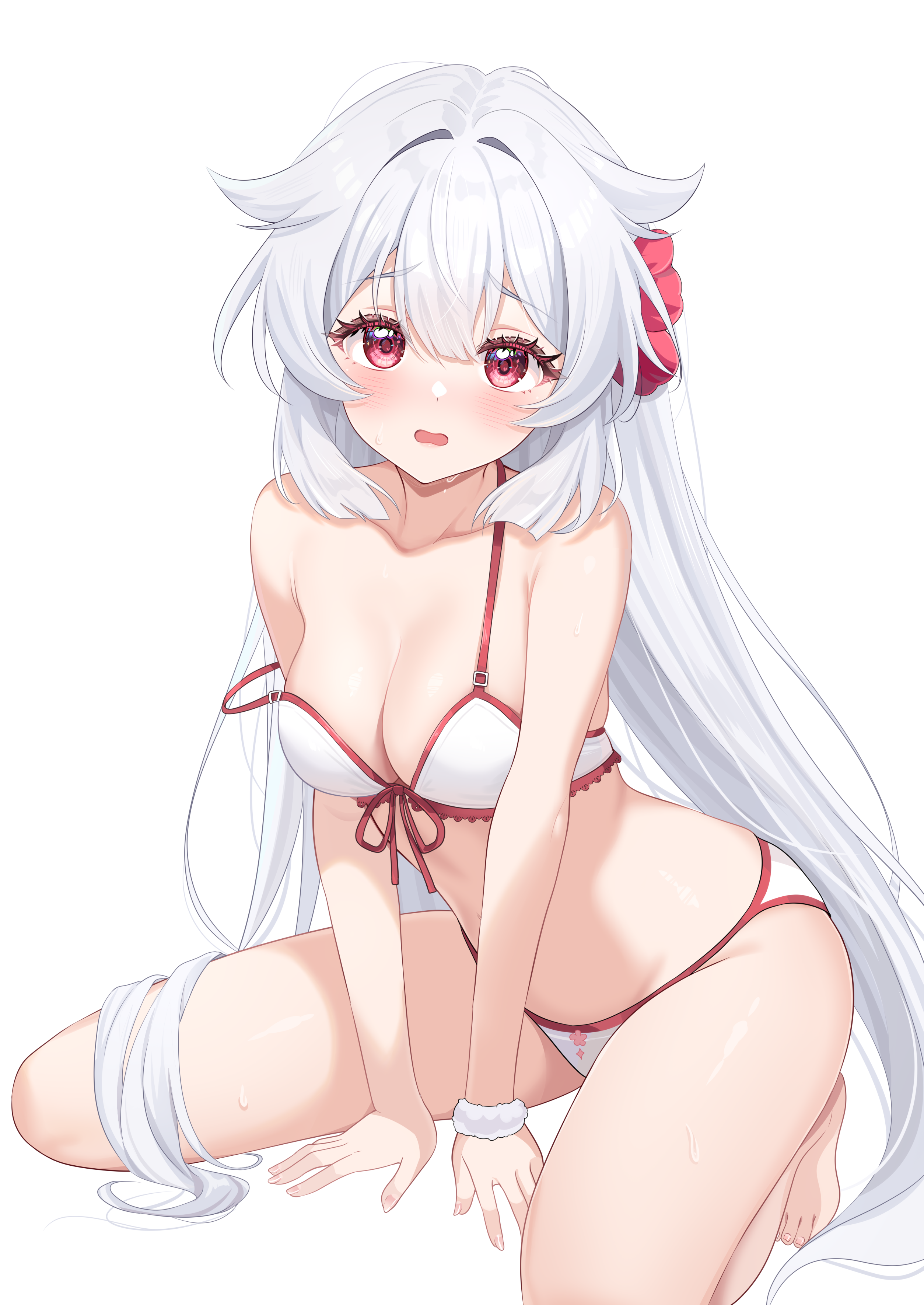 bibixart, fuyuka (stella sora), stella sora, absurdres, commentary, commission, highres, 1girl, arm support, bare shoulders, barefoot, bikini, blush, breasts, cleavage, collarbone, feet, front-tie bikini top, front-tie top, furrowed brow, hair between eyes, hair ornament, long hair, looking at viewer, medium breasts, multicolored bikini, open mouth, red eyes, sidelocks, simple background, sitting, solo, strap slip, swimsuit, thighs, toes, two-tone bikini, very long hair, white background, white bikini, white hair, wristband