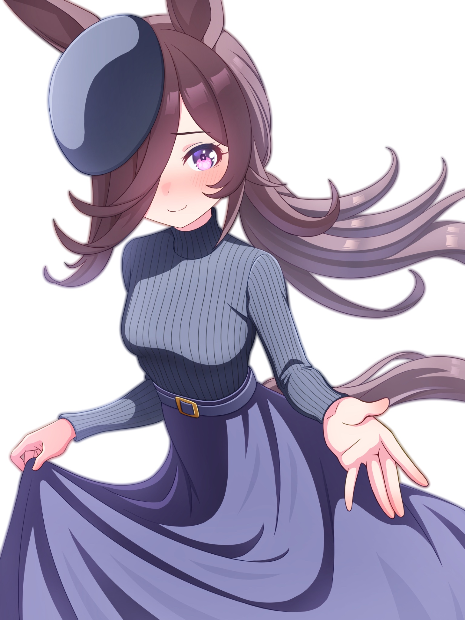 hokuyukis, rice shower (umamusume), umamusume, commentary request, highres, 1girl, alternate costume, animal ears, belt, black sweater, blue hat, blue skirt, blush, breasts, brown hair, closed mouth, flipped hair, hair over one eye, hat, horse ears, horse girl, horse tail, long hair, long sleeves, looking at viewer, medium breasts, outstretched arm, purple eyes, ribbed shirt, ribbed sweater, shirt, simple background, skirt, smile, solo, sweater, tail, tilted headwear, white background