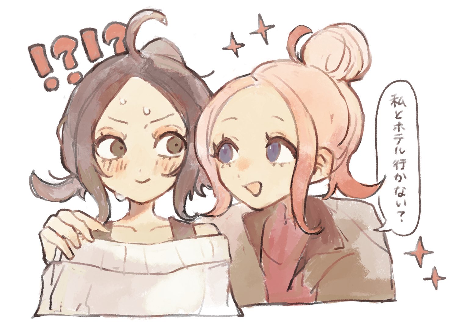 chamopichamo, harmony (pokemon), taunie (pokemon), nintendo, pokemon, pokemon legends: z-a, commentary request, translation request, !?, 2girls, ahoge, blonde hair, blue eyes, blush, brown eyes, brown hair, brown jacket, colored tips, cropped torso, gradient hair, hair bun, hand on another's shoulder, jacket, looking to the side, multicolored hair, multiple girls, nervous smile, nervous sweating, off-shoulder sweater, off shoulder, pink hair, red sweater, short hair, single hair bun, smile, speech bubble, surprised, sweat, sweater, v-shaped eyebrows, white sweater, yuri