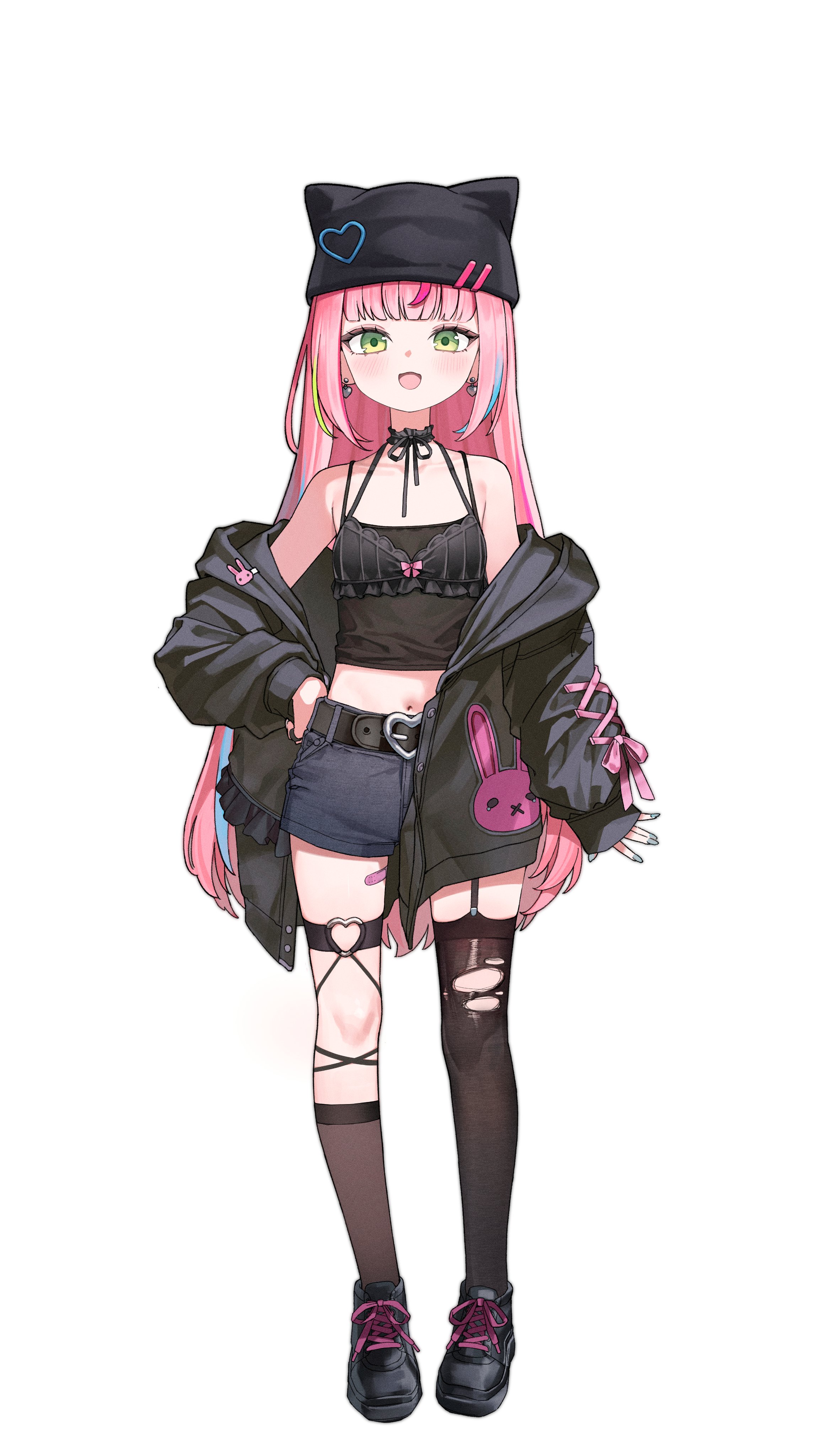 elppi, hanako nana, stellive, absurdres, commentary request, highres, korean commentary, 1girl, arm at side, asymmetrical legwear, bandaid, bandaid on leg, belt, belt buckle, black belt, black bra, black camisole, black gloves, black hat, black jacket, black shoes, black socks, black thighhighs, blush, bow, bow bra, bra, bra over clothes, buckle, camisole, crop top, cross-laced clothes, cross-laced sleeves, denim, denim shorts, earrings, frilled bra, frills, full body, gloves, green eyes, hand on own hip, hat, hat ornament, heart, heart-shaped buckle, heart hat ornament, heart o-ring, jacket, jewelry, long hair, long sleeves, looking at viewer, midriff, multicolored hair, navel, o-ring, o-ring thigh strap, off shoulder, open clothes, open jacket, open mouth, pink hair, shoes, short shorts, shorts, sidelocks, simple background, single thighhigh, sleeves past wrists, sneakers, socks, solo, spaghetti strap, standing, straight-on, streaked hair, thigh strap, thighhighs, torn clothes, torn thighhighs, underwear, very long hair, virtual youtuber, white background, wispy bangs