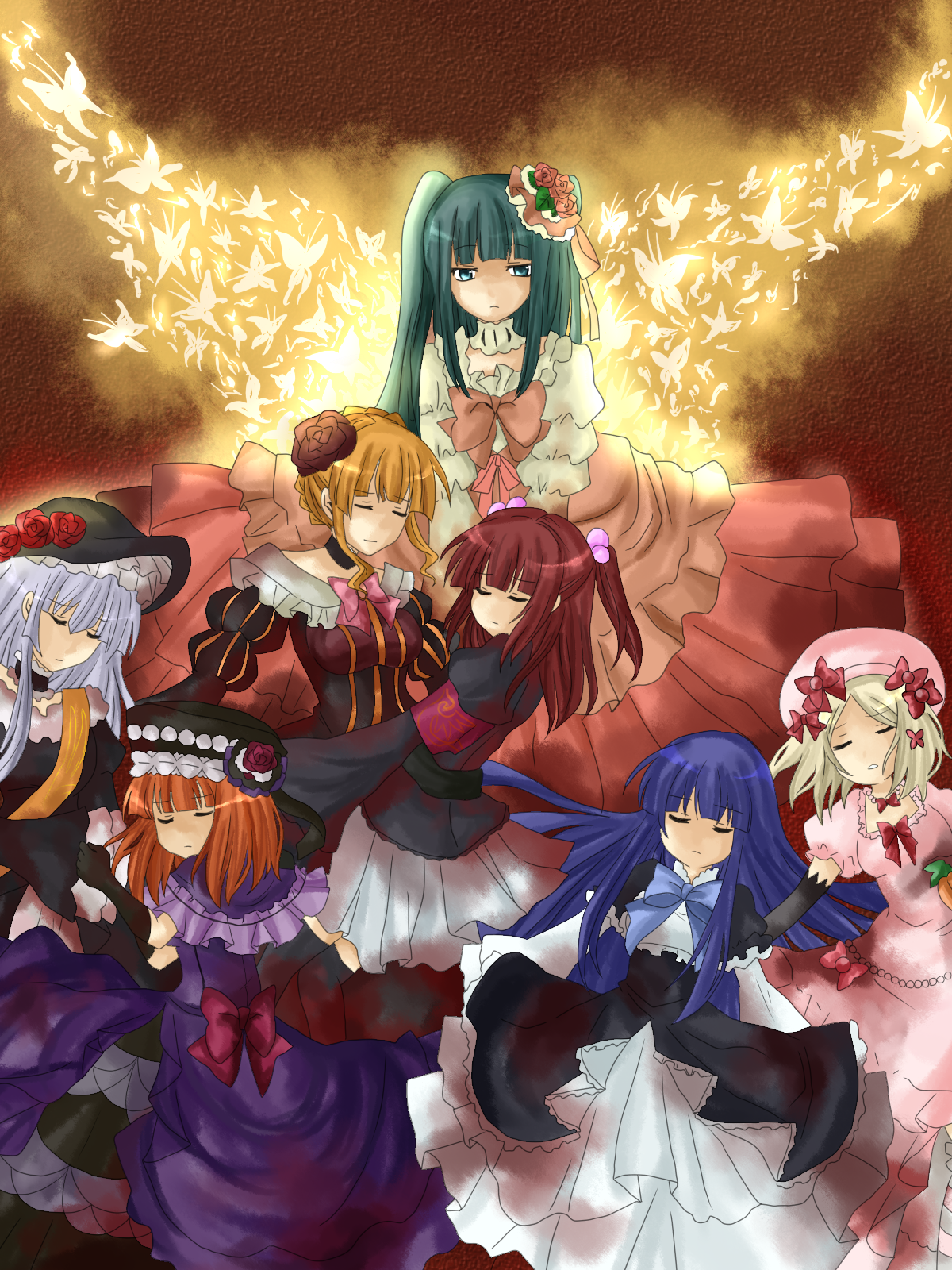 marimaru, beatrice (umineko), eva beatrice, frederica bernkastel, furudo erika, lambdadelta, ushiromiya ange, virgilia (umineko), umineko no naku koro ni, silver hair, bad id, bad pixiv id, highres, 00s, 6+girls, armband, blonde hair, blue eyes, blue hair, bow, choker, closed eyes, dress, frills, hair bobbles, hair ornament, hat, multiple girls, orange hair, pink bow, pink hat, red hair, skirt