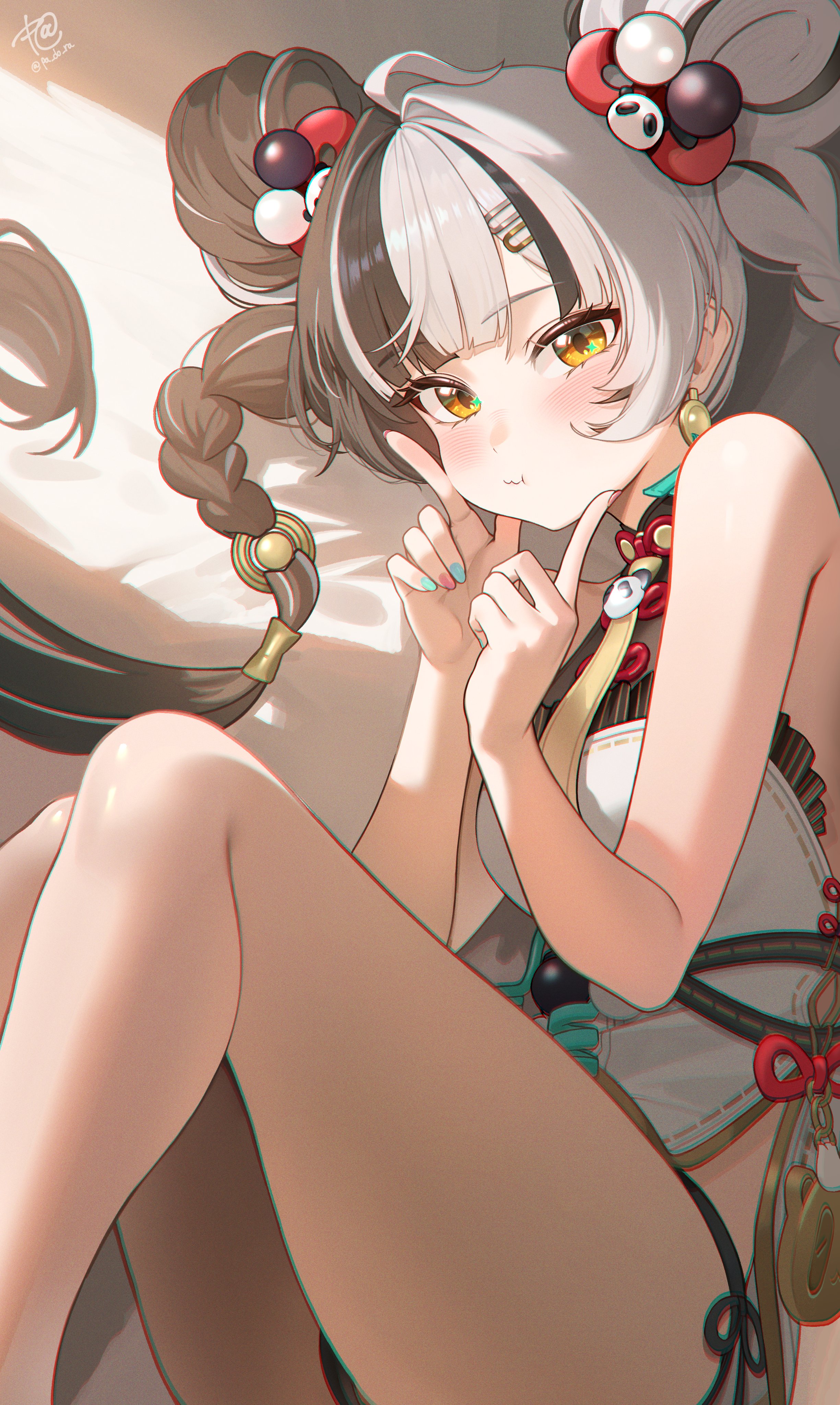 hahany, dialyn (zenless zone zero), zenless zone zero, absurdres, hashtag-only commentary, highres, 1girl, ahoge, aqua nails, bare shoulders, black hair, black panties, blush, braid, braided twintails, cameltoe, china dress, chinese clothes, closed mouth, double bun, dress, finger to own chin, from side, hair bun, hair extensions, hair ornament, hairclip, knees up, long hair, looking at viewer, lying, multicolored hair, multicolored nails, necktie, on side, panda hair ornament, panties, pink nails, ring hair extensions, signature, solo, sparkling eyes, split-color hair, twitter username, underwear, white dress, white hair, wire, yellow eyes, yellow necktie