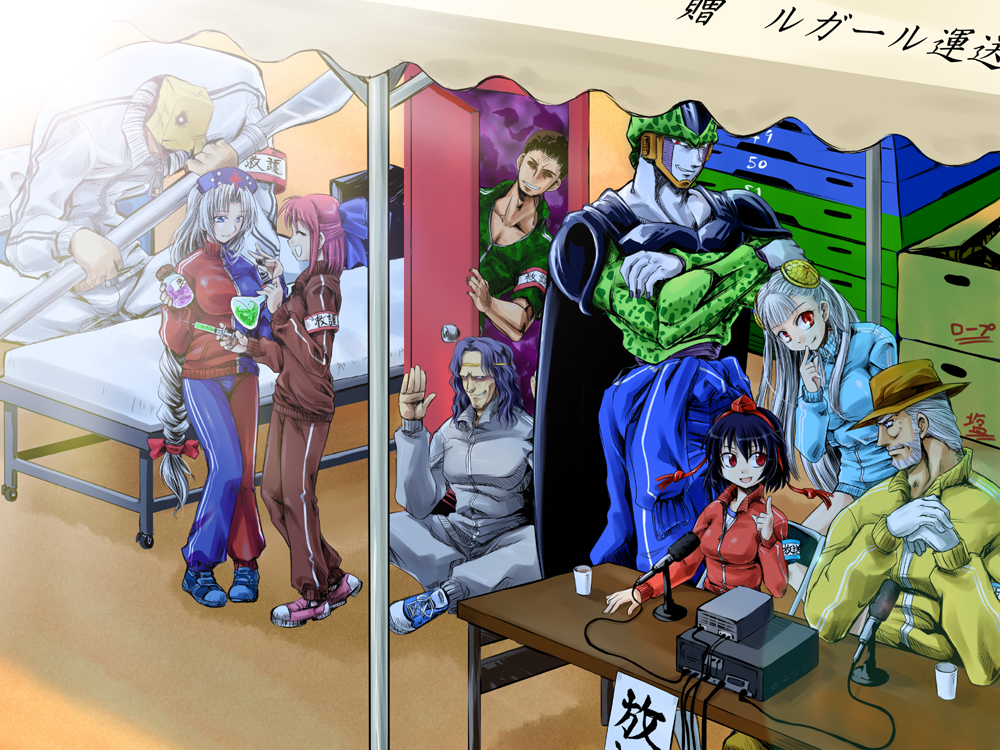 imai nyuu, inusurvivor, amiba, cell (dragon ball), combat echizen, faust, ingrid (capcom), joseph joestar, joseph joestar (old), kohaku (tsukihime), shameimaru aya, yagokoro eirin, arc system works, capcom, capcom fighting jam, doraemon, dragon ball, dragonball z, guilty gear, hokuto no ken, jojo no kimyou na bouken, m.u.g.e.n, shounen jump, touhou, tsukihime, stand, character request, albino, armband, bag, bag on head, bandages, beard, bed, belt, bottle, breasts, bun cover, closed eyes, crossover, double bun, dress, facial hair, glass, gloves, hair bun, hair ornament, hairband, hairpods, happy, hat, hospital bed, impossible clothes, impossible shirt, long hair, magical door, microphone, multiple crossover, muscular, mustache, paper bag, scalpel, shirt, short hair, smile, syringe, table, test tube, tokin hat, track suit, white hair