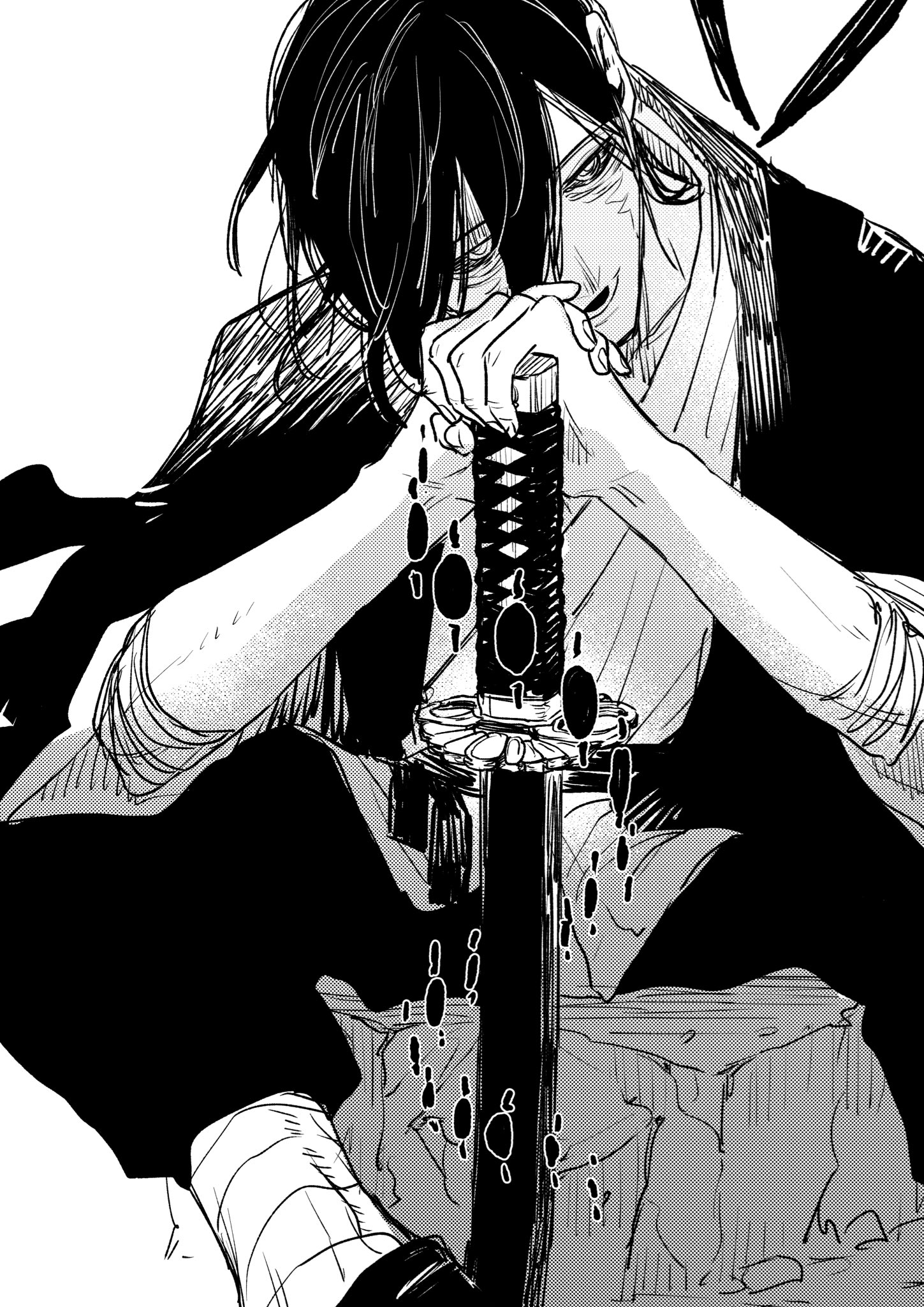 azami, soga akemura, kagurabachi, highres, 1boy, colored sclera, feet out of frame, greyscale, hair between eyes, haori, japanese clothes, katana, leaning on weapon, looking at viewer, looking up, magatsumi (sword), male focus, monochrome, on rock, open mouth, simple background, sitting, solo, sword, weapon