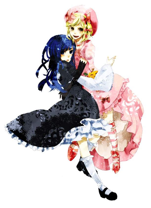 satorux, frederica bernkastel, lambdadelta, umineko no naku koro ni, striped legwear, bad id, bad pixiv id, 00s, 2girls, :d, beret, black dress, blonde hair, blue hair, bow, dress, elbow gloves, faux traditional media, gloves, hair ribbon, happy, hat, holding, hug, jewelry, kneehighs, long hair, mary janes, multiple girls, necklace, open mouth, pink dress, pink hat, pumpkin, ribbon, shoes, short hair, simple background, smile, socks, striped clothes, striped socks