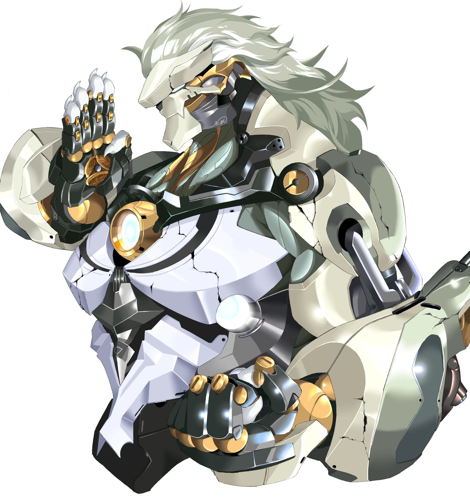banyue (zenless zone zero), zenless zone zero, commentary request, highres, 1boy, artificial eye, claws, clenched hand, grey hair, humanoid robot, long hair, male focus, mechanical arms, mechanical eye, mechanical hands, metal skin, negi oekaki 04, robot, robot boy, simple background, solo, upper body, white background