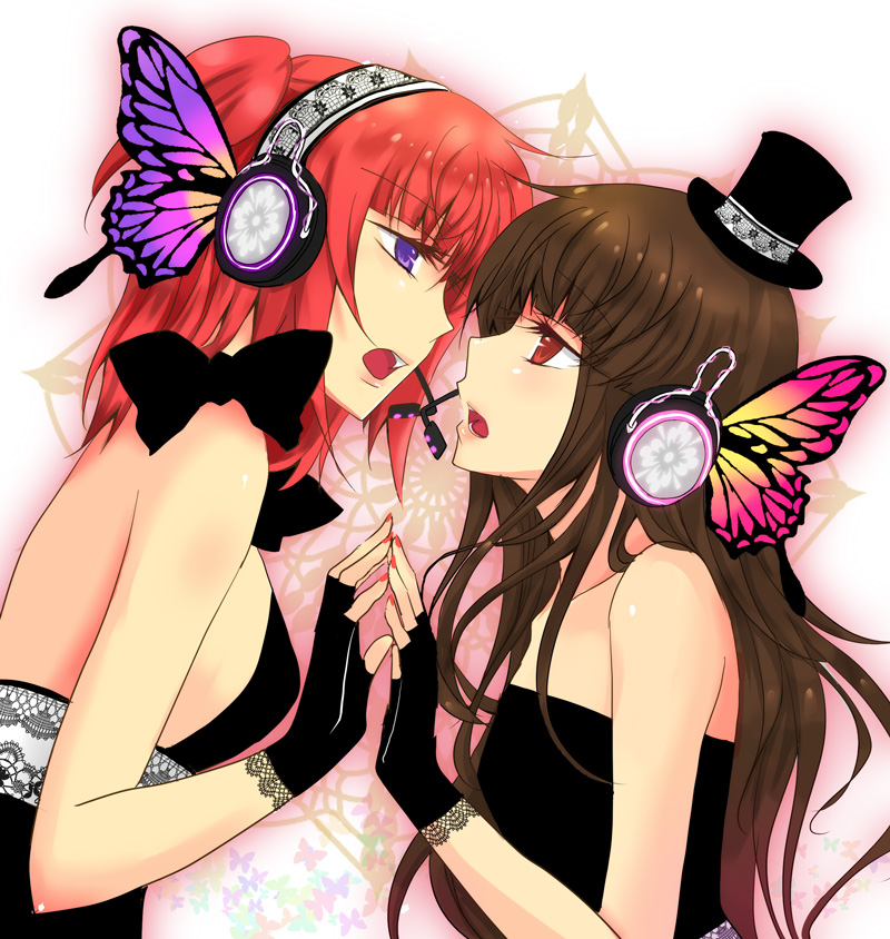 isya, mammon (umineko), stakes of purgatory, ushiromiya ange, magnet (vocaloid), umineko no naku koro ni, vocaloid, 2girls, brown hair, butterfly wings, eye contact, face-to-face, fingerless gloves, gloves, hat, headphones, headset, insect wings, looking at another, mini hat, mini top hat, multicolored wings, multiple girls, nail polish, parody, purple eyes, red eyes, red hair, red nails, top hat, wings, yuri