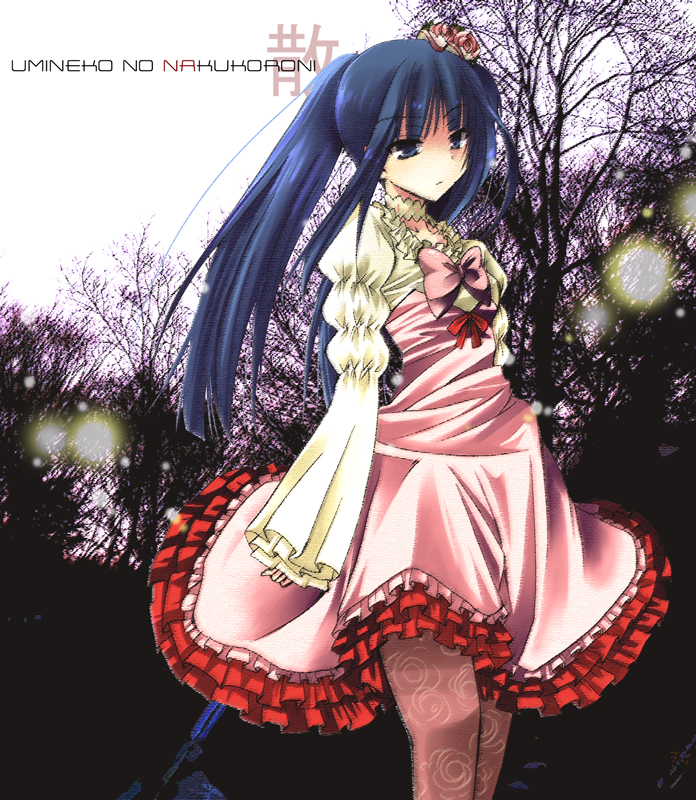 hibiki mio, furudo erika, umineko no naku koro ni, 00s, 1girl, blue eyes, blue hair, bow, choker, dress, female focus, matching hair/eyes, pantyhose, pink bow, ribbon, solo, twintails