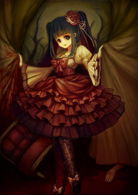 ai mizu, emi (emi43), furudo erika, end of the golden witch, umineko no naku koro ni, bad id, bad pixiv id, 00s, 1girl, blue eyes, blue hair, blunt bangs, bow, chair, curtains, dress, female focus, hime cut, matching hair/eyes, pantyhose, pink bow, ribbon, solo, twintails