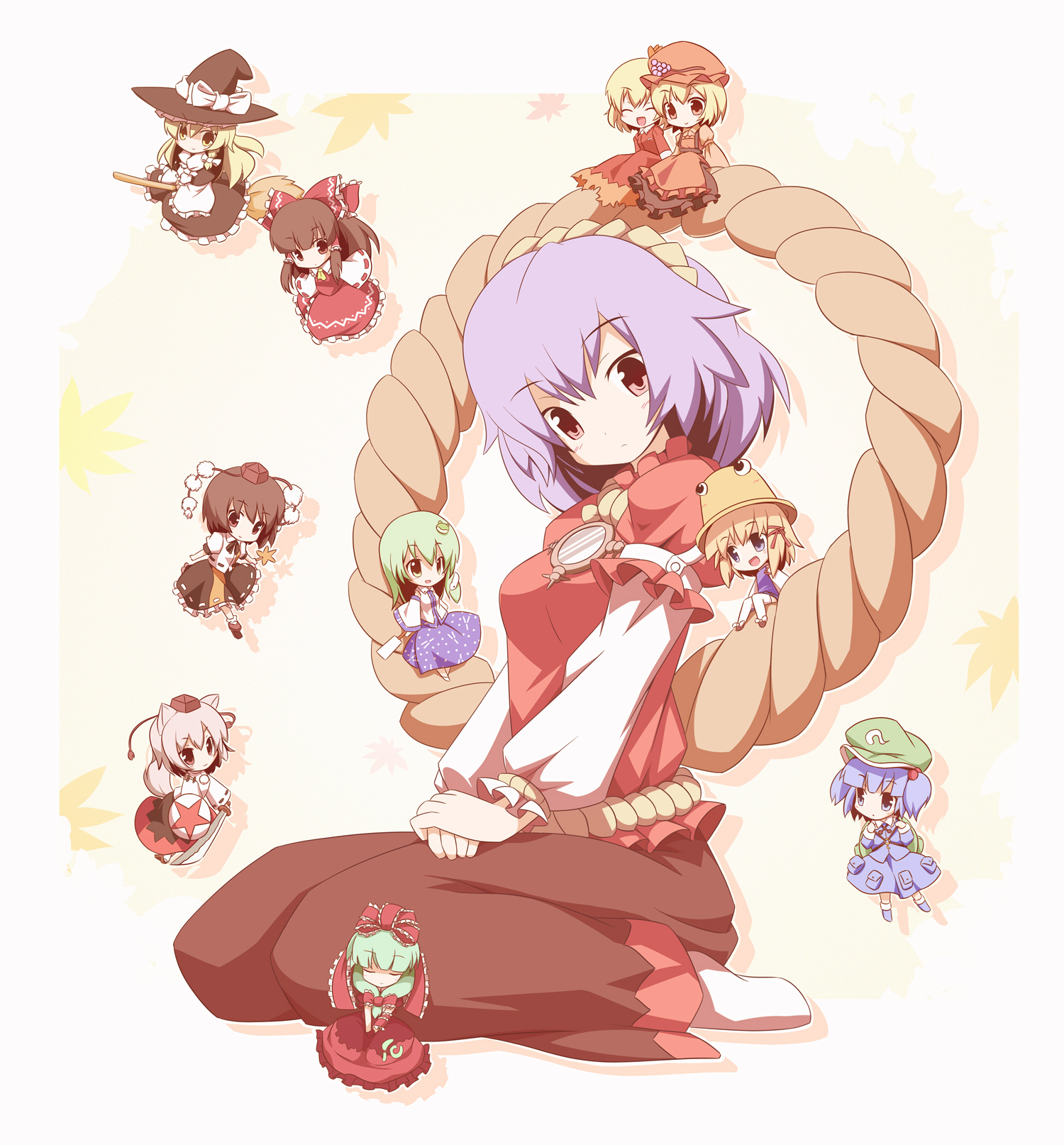 miko machi, aki minoriko, aki shizuha, hakurei reimu, inubashiri momiji, kagiyama hina, kawashiro nitori, kirisame marisa, kochiya sanae, moriya suwako, shameimaru aya, yasaka kanako, mountain of faith, touhou, highres, 6+girls, animal ears, backpack, bag, blonde hair, blue eyes, blue hair, bow, braid, broom, brown hair, chibi, detached sleeves, female focus, frog, green eyes, green hair, hair ribbon, hat, japanese clothes, miko, mini person, minigirl, multiple girls, purple hair, randoseru, red eyes, ribbon, rope, shield, short hair, snake, sword, tail, tokin hat, twintails, weapon, white hair, witch, witch hat, wolf ears, wolf tail, yellow eyes