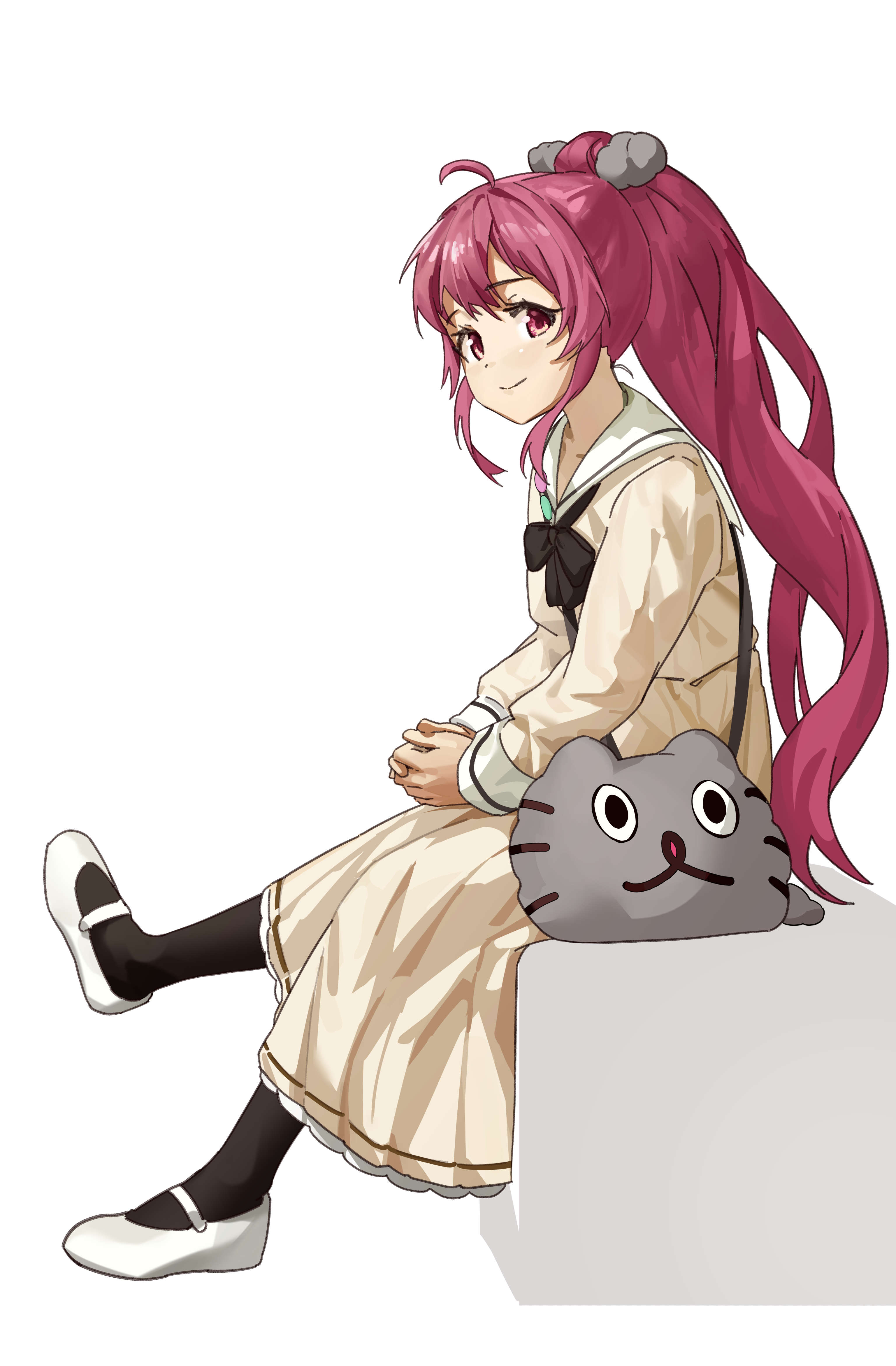 keibi inu, kisaragi 1go, sugiura ayano, yuruyuri, absurdres, commentary, highres, alternate costume, animal print, black bow, black socks, bow, cat print, dress, full body, long hair, looking at viewer, own hands together, ponytail, purple eyes, purple hair, sailor collar, sailor dress, shoes, simple background, sitting, smile, socks, solo, uwabaki, very long hair, white background, white sailor collar, yellow dress